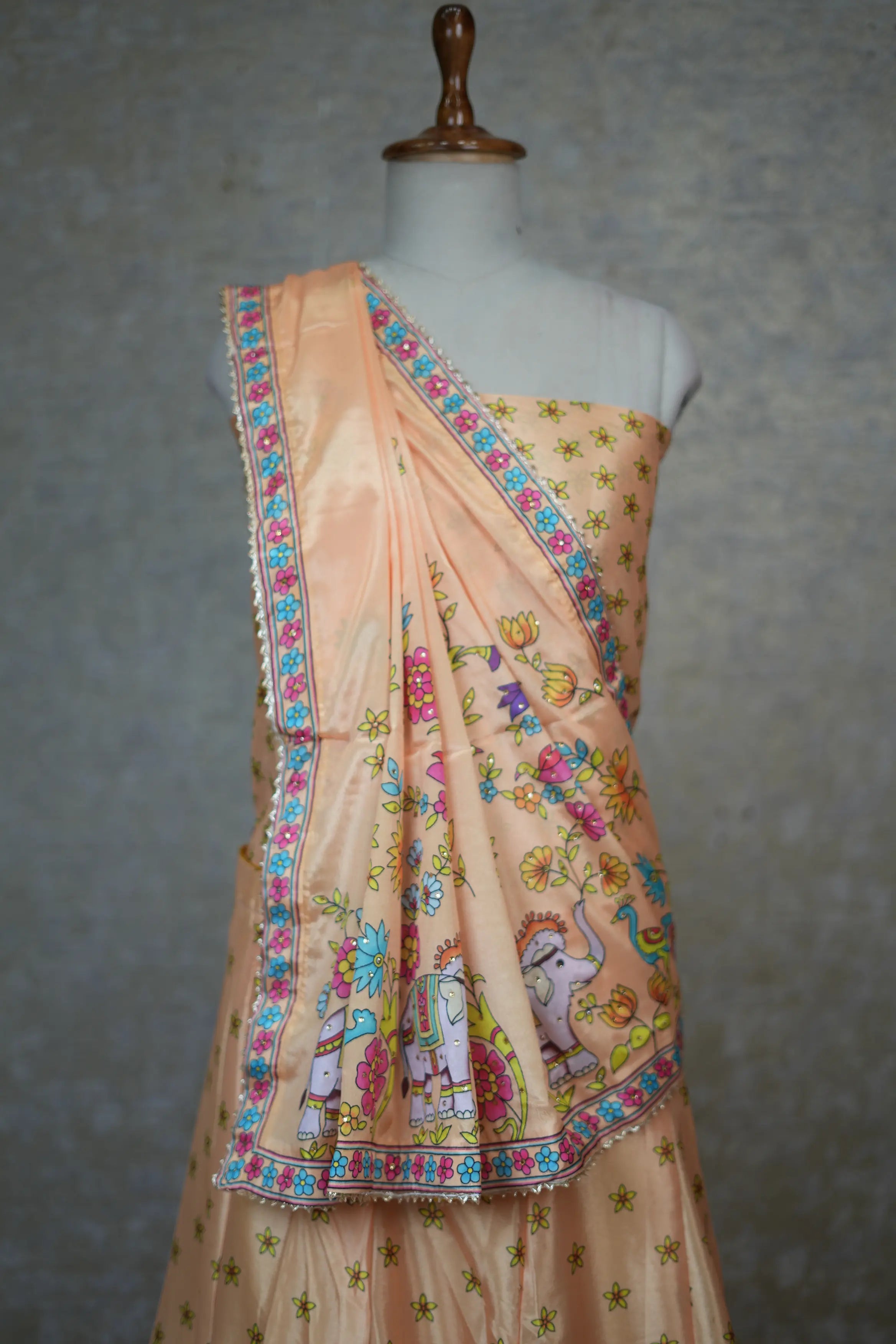 Peach Printed Lehenga Set with Elephant & Floral Design