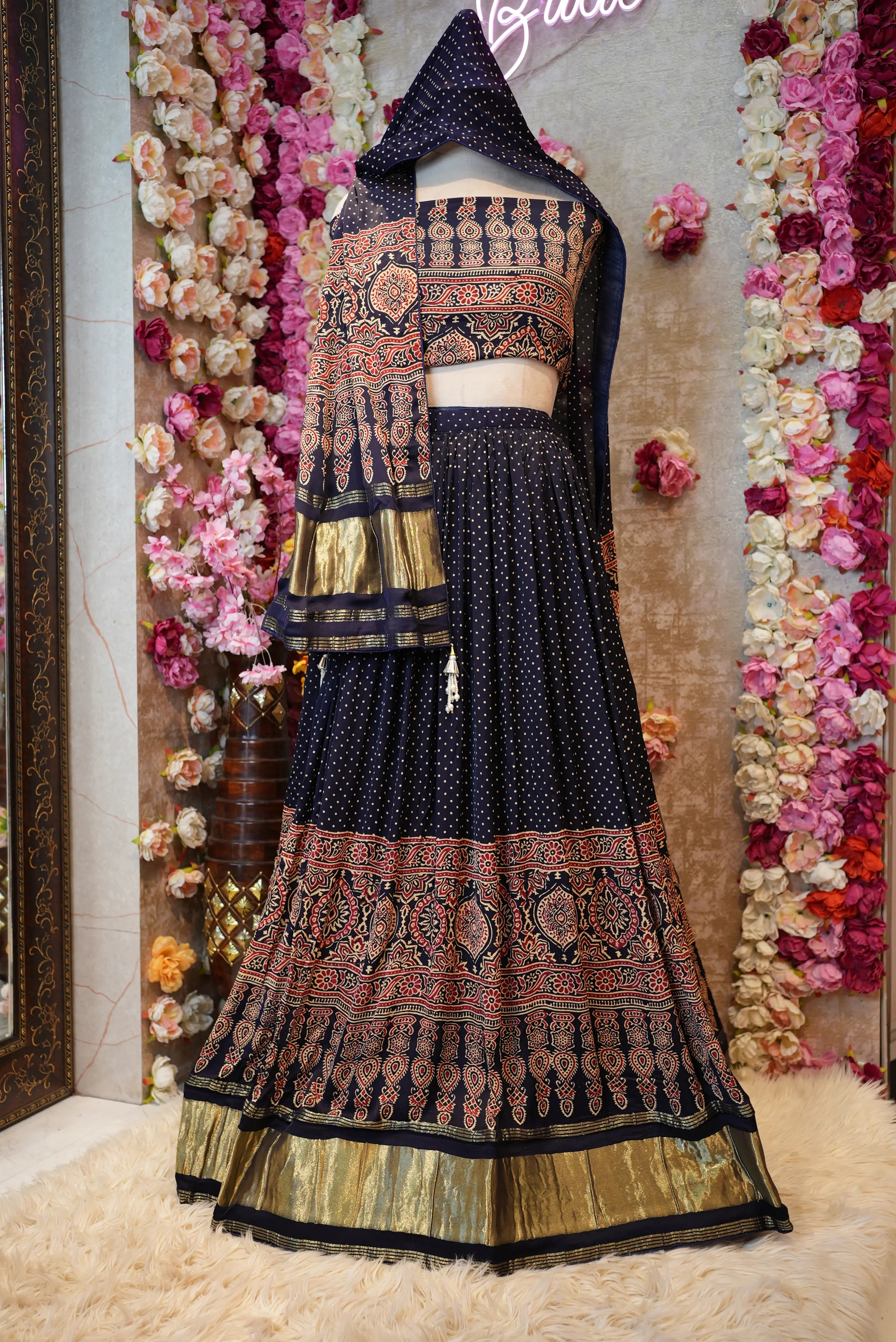 Traditional Modal Gajji Silk Lehenga with Ajrakh Print & Dupatta (WITH BLOUSE)