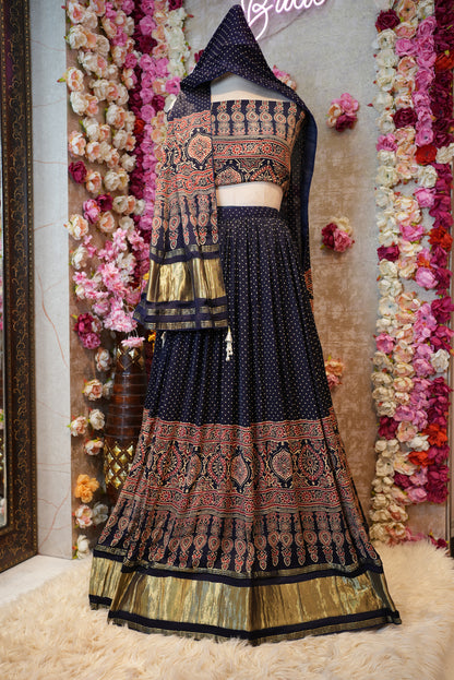 TREDITIONAL MODAL GAJJI SILK FABRIC LEHENGA WITH AJARAK PRINT & DUPPATA (WITH BLOUSE)   ##LC056