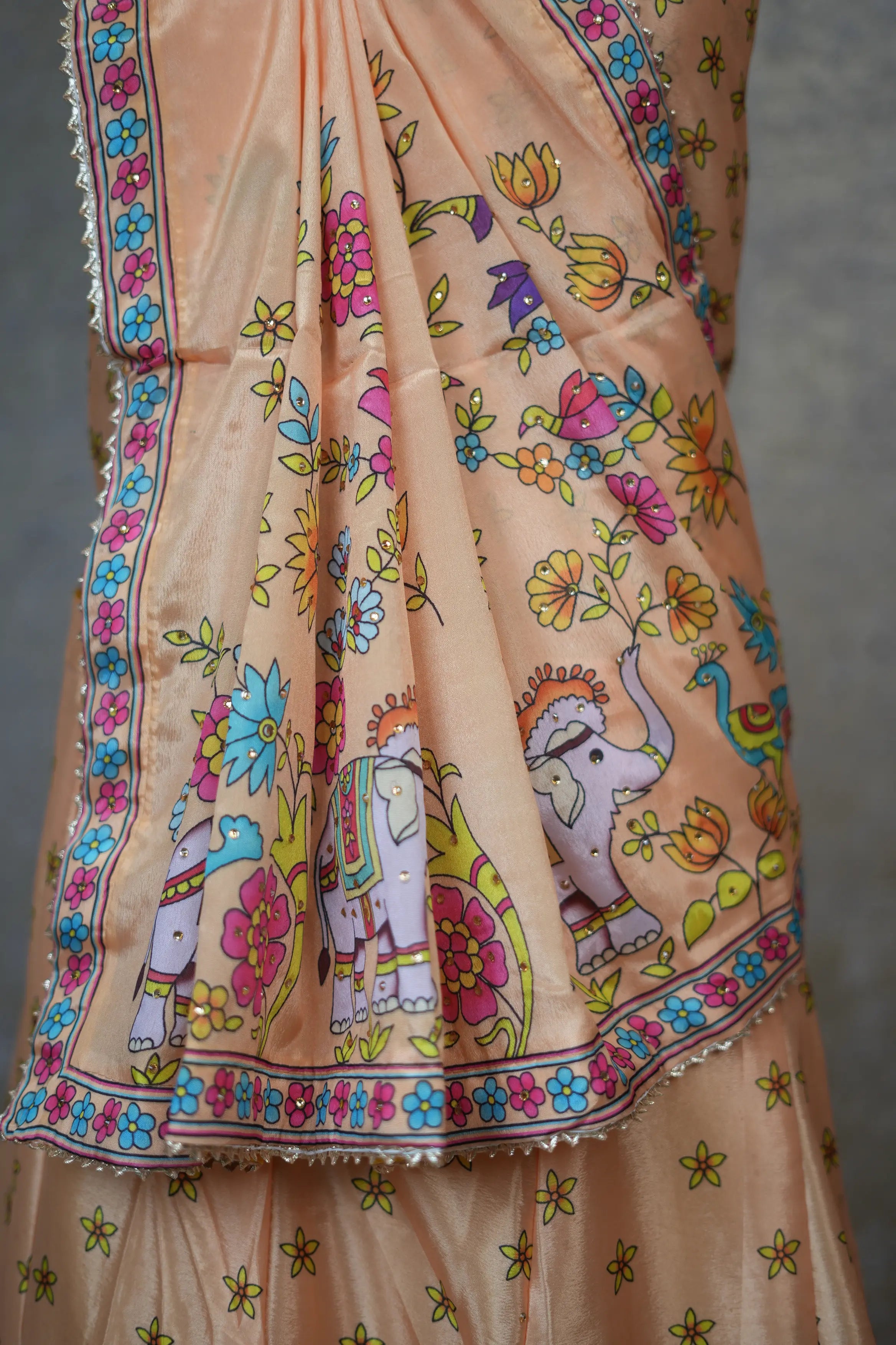 Peach Printed Lehenga Set with Elephant & Floral Design