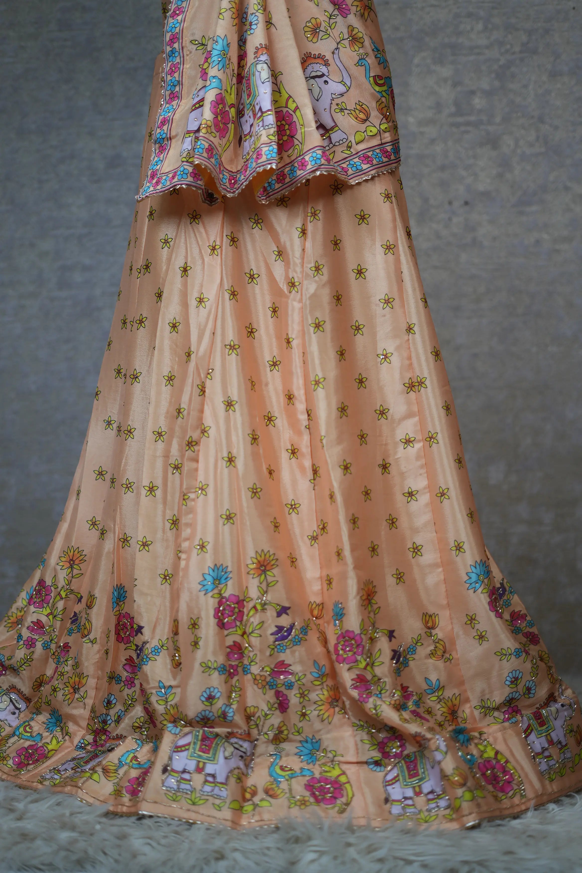 Peach Printed Lehenga Set with Elephant & Floral Design