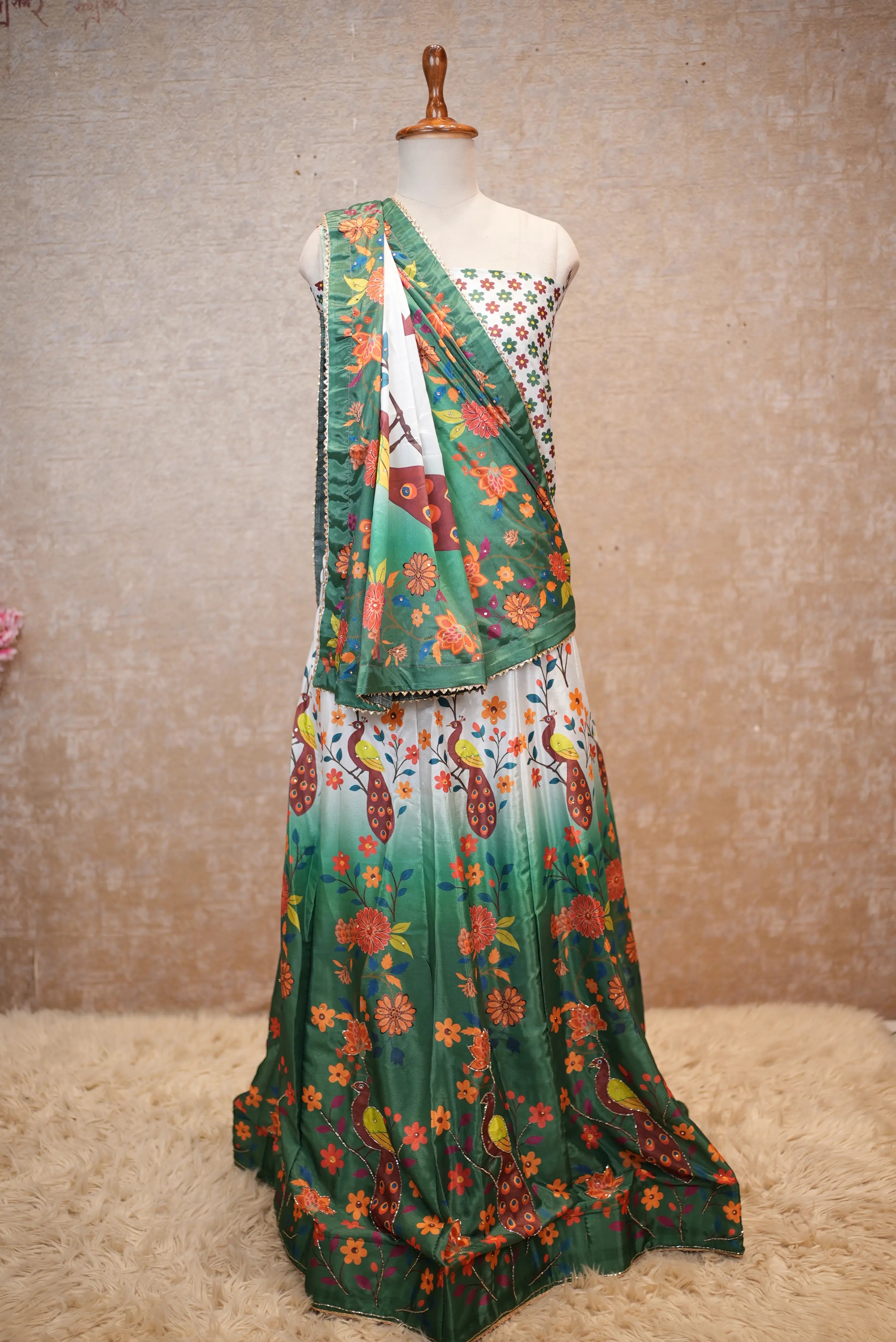 Elegant Floral Printed Green Saree with Peacock Design