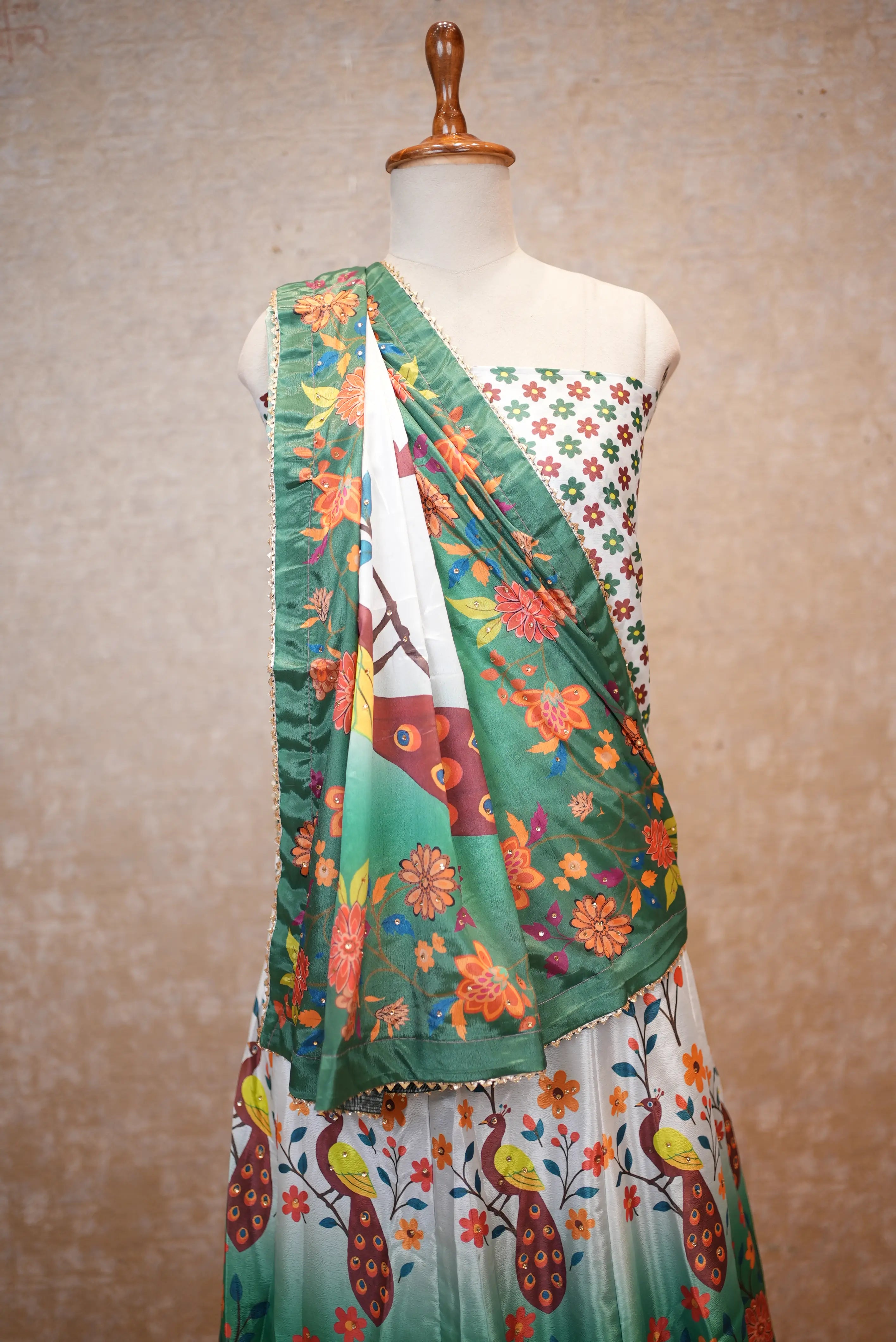 Elegant Floral Printed Green Saree with Peacock Design