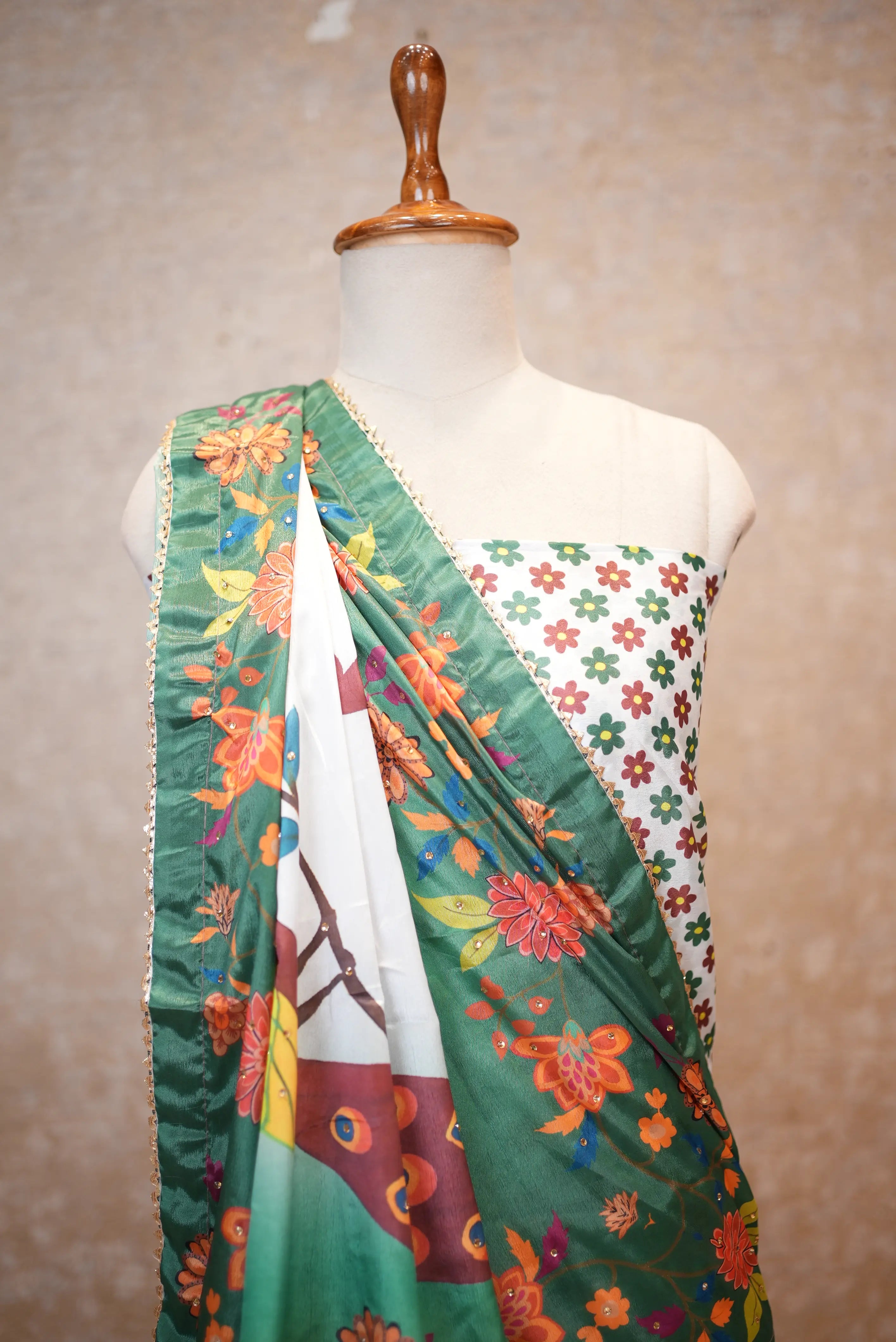 Elegant Floral Printed Green Saree with Peacock Design