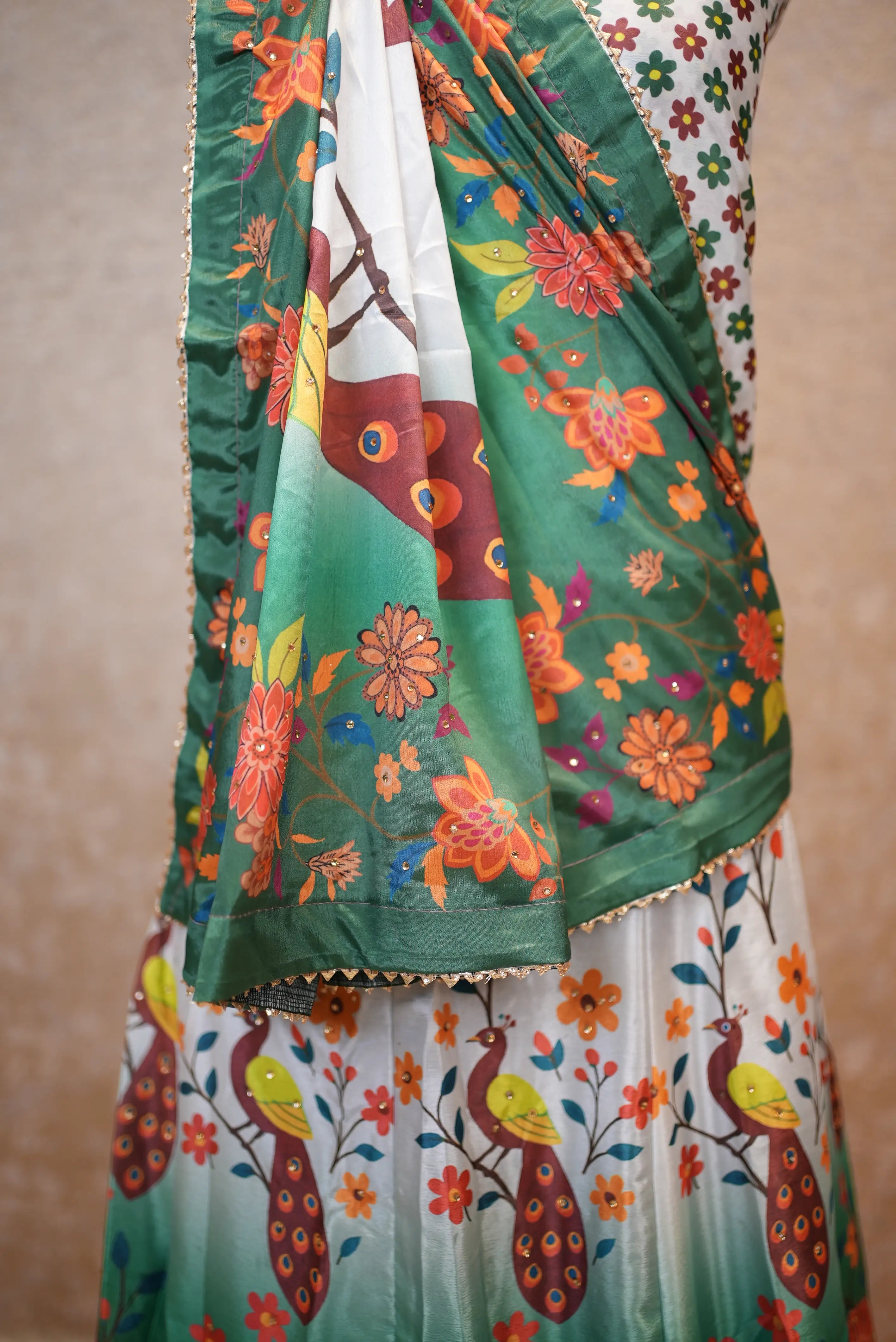 Elegant Floral Printed Green Saree with Peacock Design