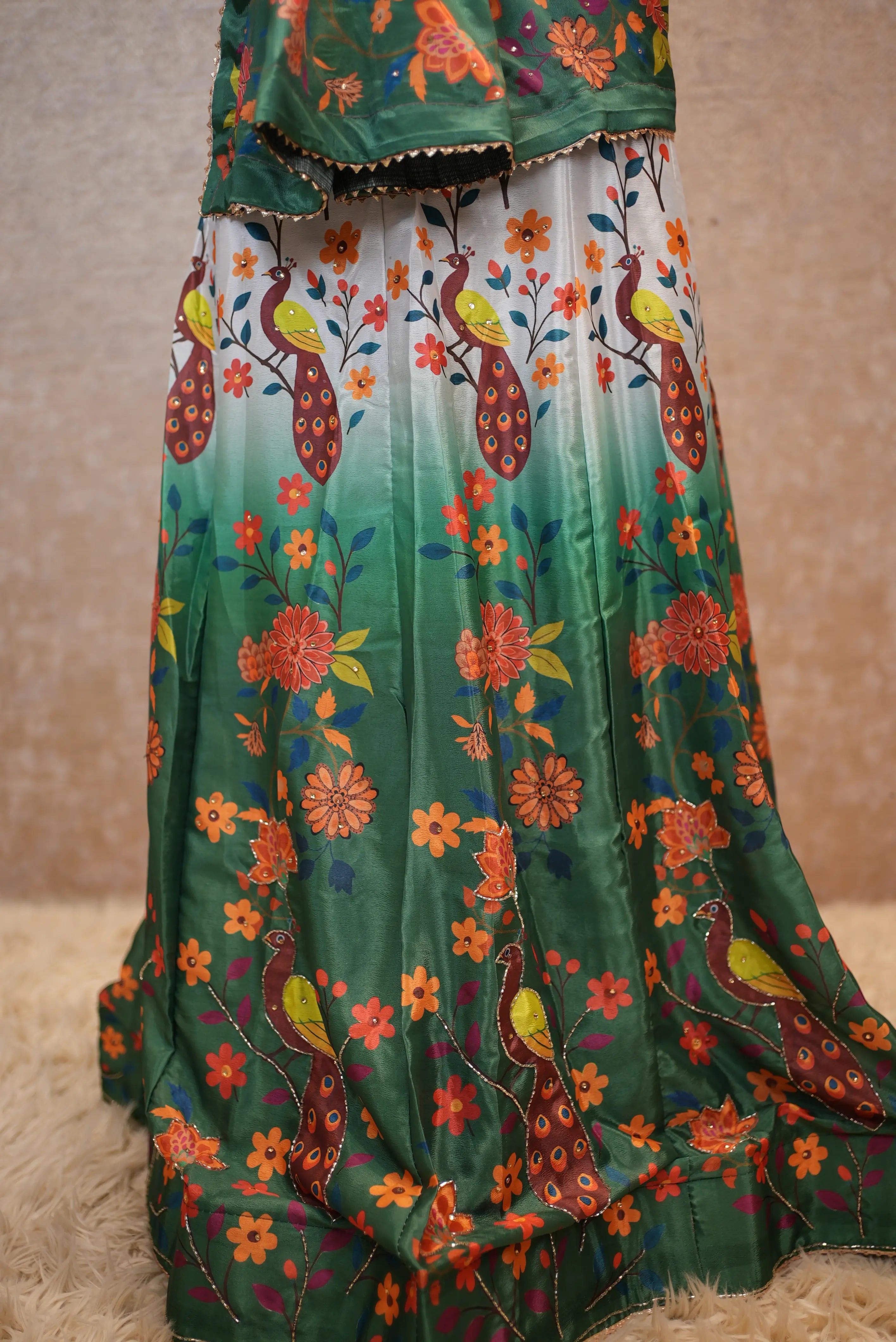 Elegant Floral Printed Green Saree with Peacock Design
