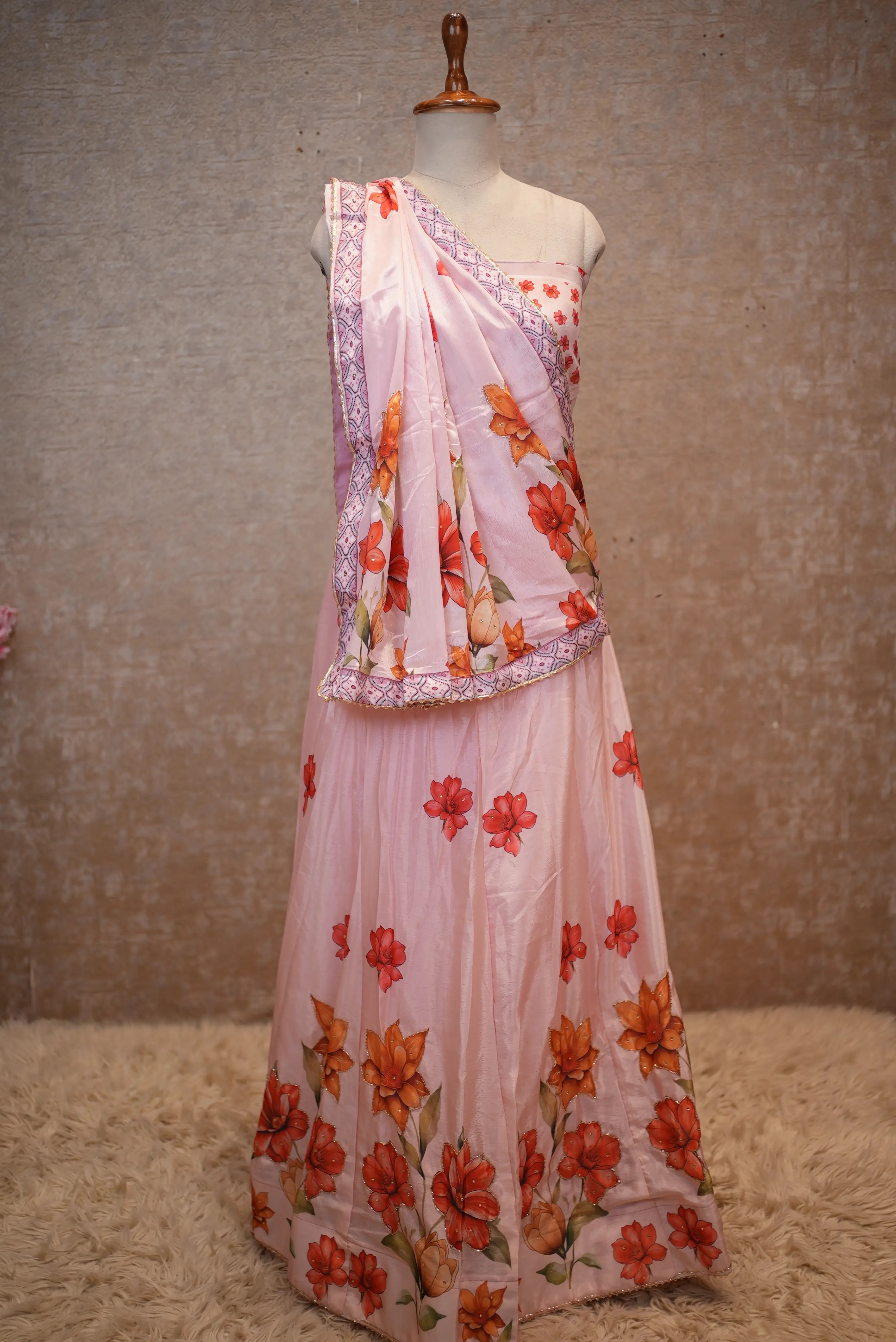 Soft Pink Floral Printed Lehenga Set with Dupatta – Elegant & Festive Wear
