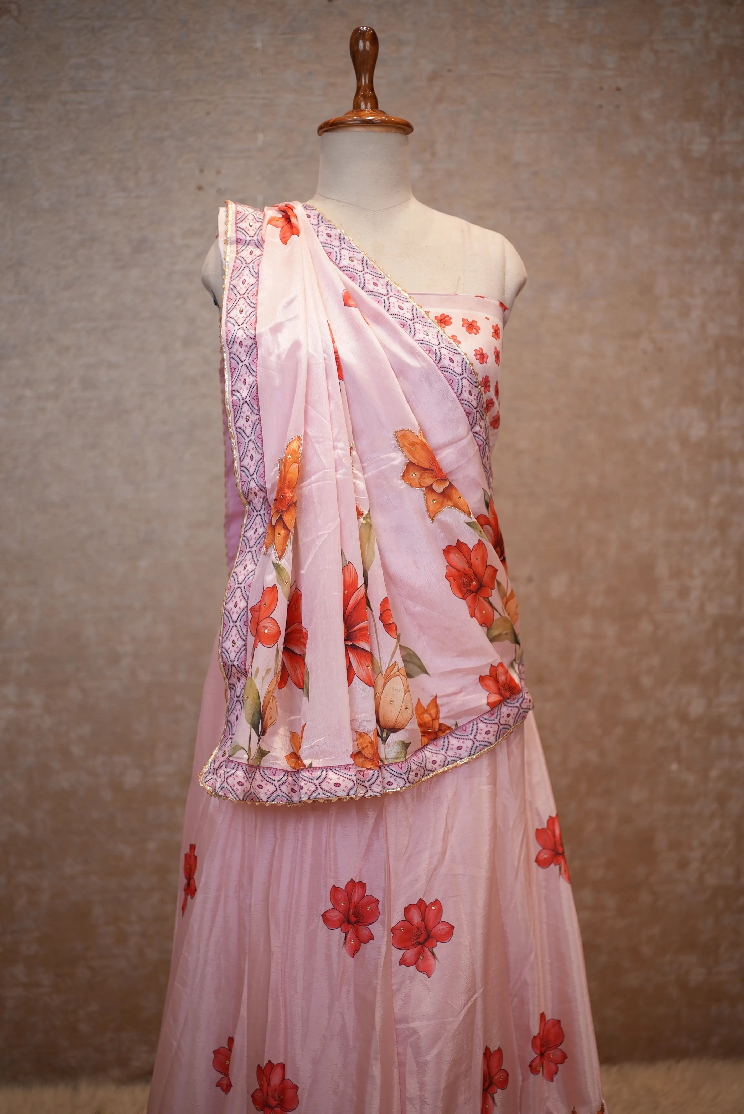 Soft Pink Floral Printed Lehenga Set with Dupatta – Elegant & Festive Wear