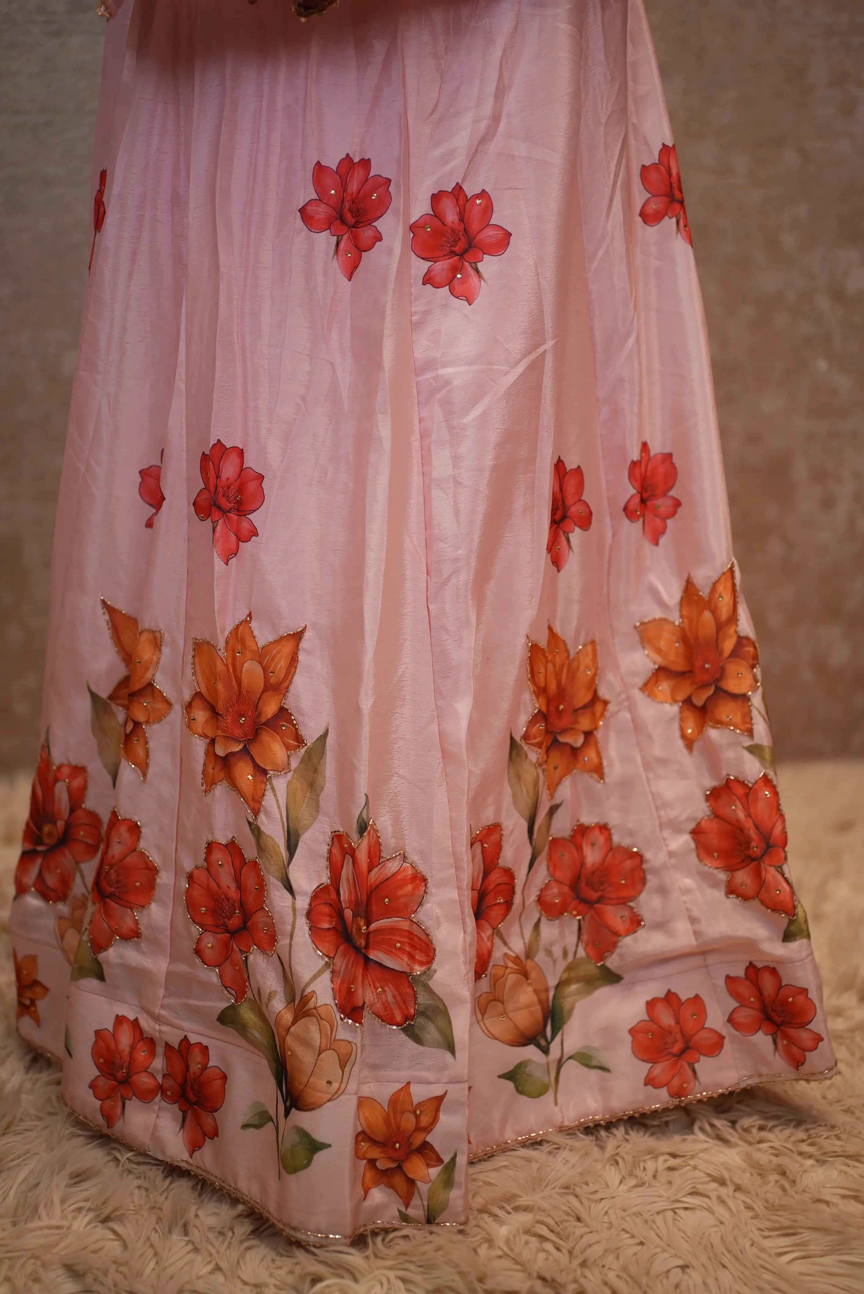 Soft Pink Floral Printed Lehenga Set with Dupatta – Elegant & Festive Wear