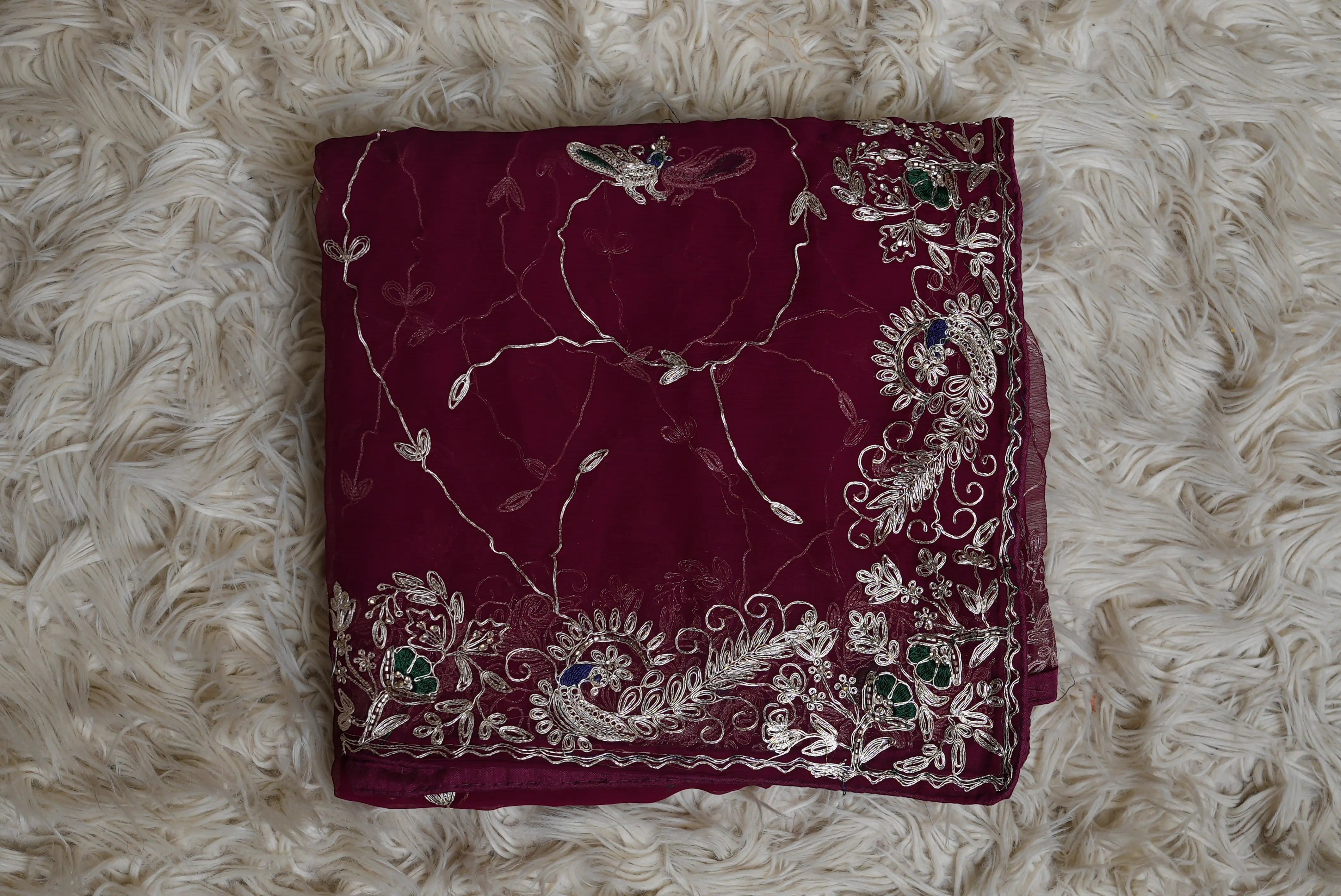 RAJPUTI JALL PATTERN SAREE ON CHIFFON FABRIC WITH PITA WORK AND PEACOCK PATTERN BORDER (WITH BLOUSE) ##SR452