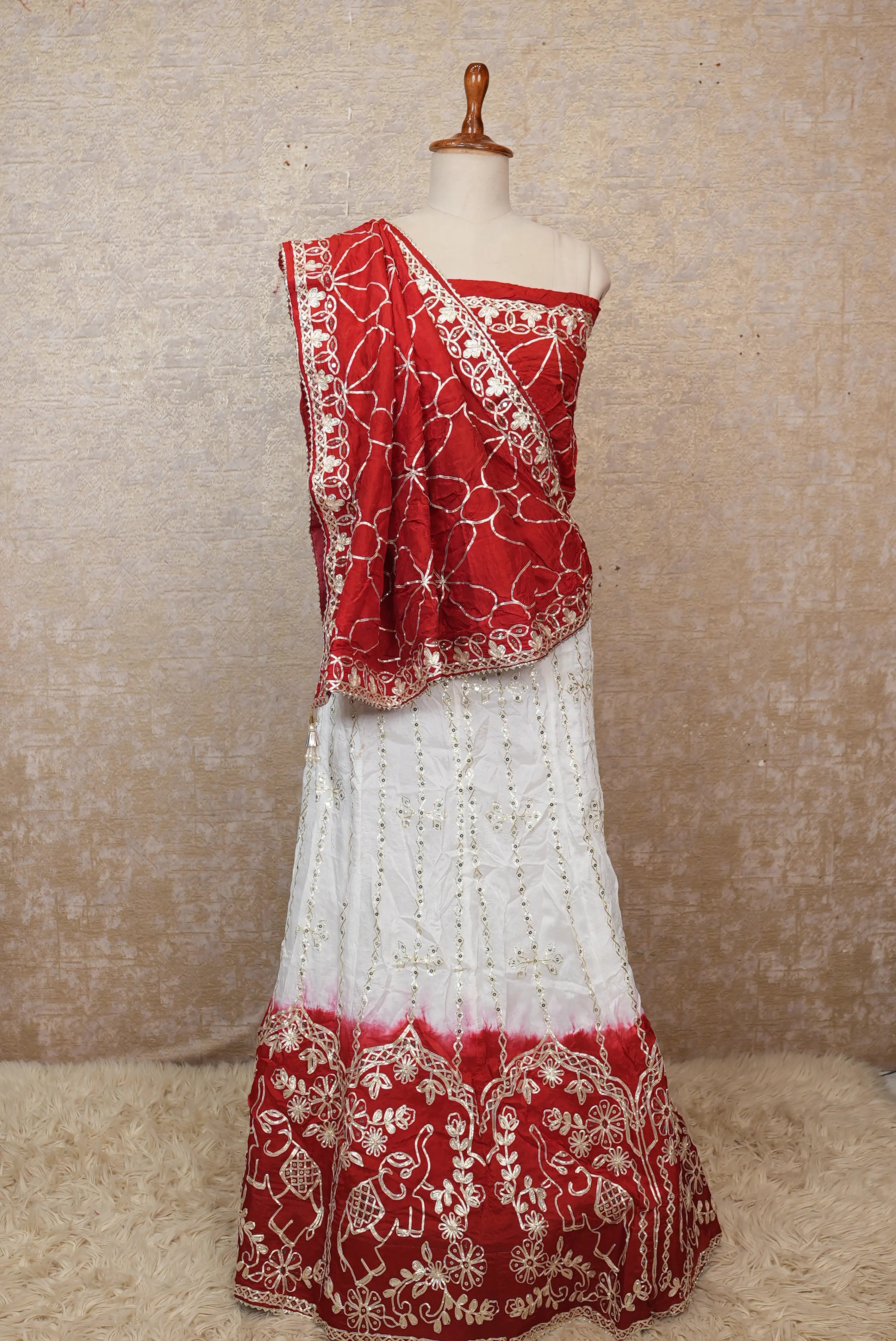 Elegant Red & White Embroidered Lehenga Set with Dupatta – Festive & Wedding Wear