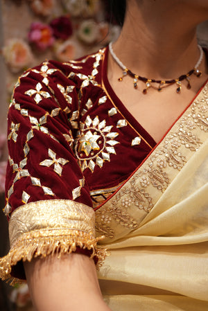 VELVET FABRIC RAJASTHANI AANGI BLOUSE WITH GOTA PATTI JAAL PATTERN (MEHROON) ##HB050