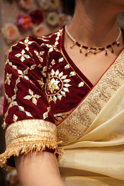 VELVET FABRIC RAJASTHANI AANGI BLOUSE WITH GOTA PATTI JAAL PATTERN (MEHROON) ##HB050