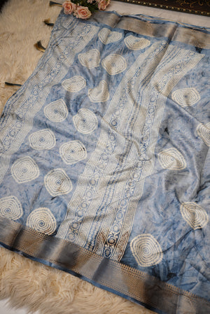 SHIBORI PRINT WITH LADDU BANDHEJ JARI BORDER SAREE(WITH BLOUSE) ##SR0202