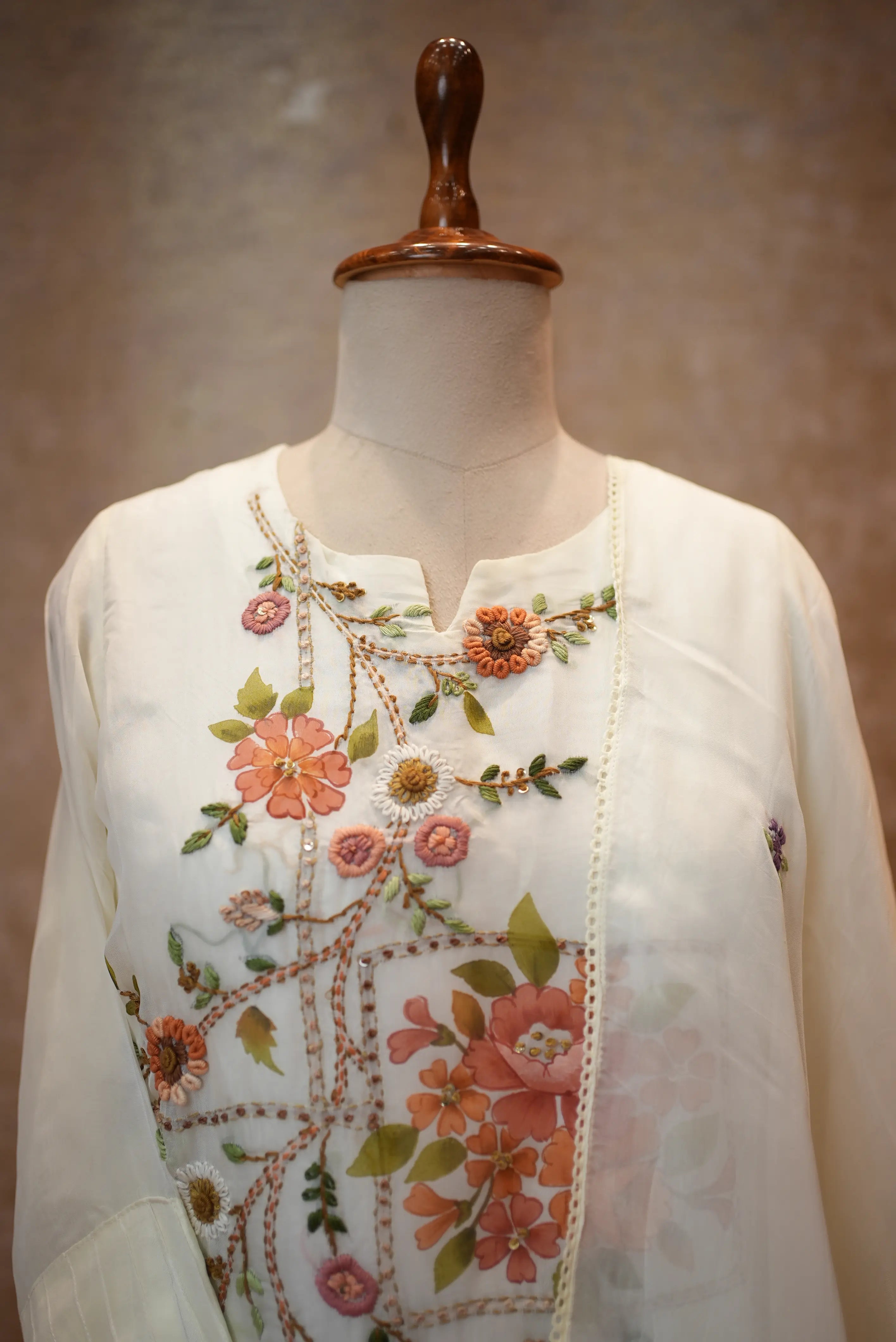 Elegant Ivory Floral Embroidered Suit with Sheer Dupatta
