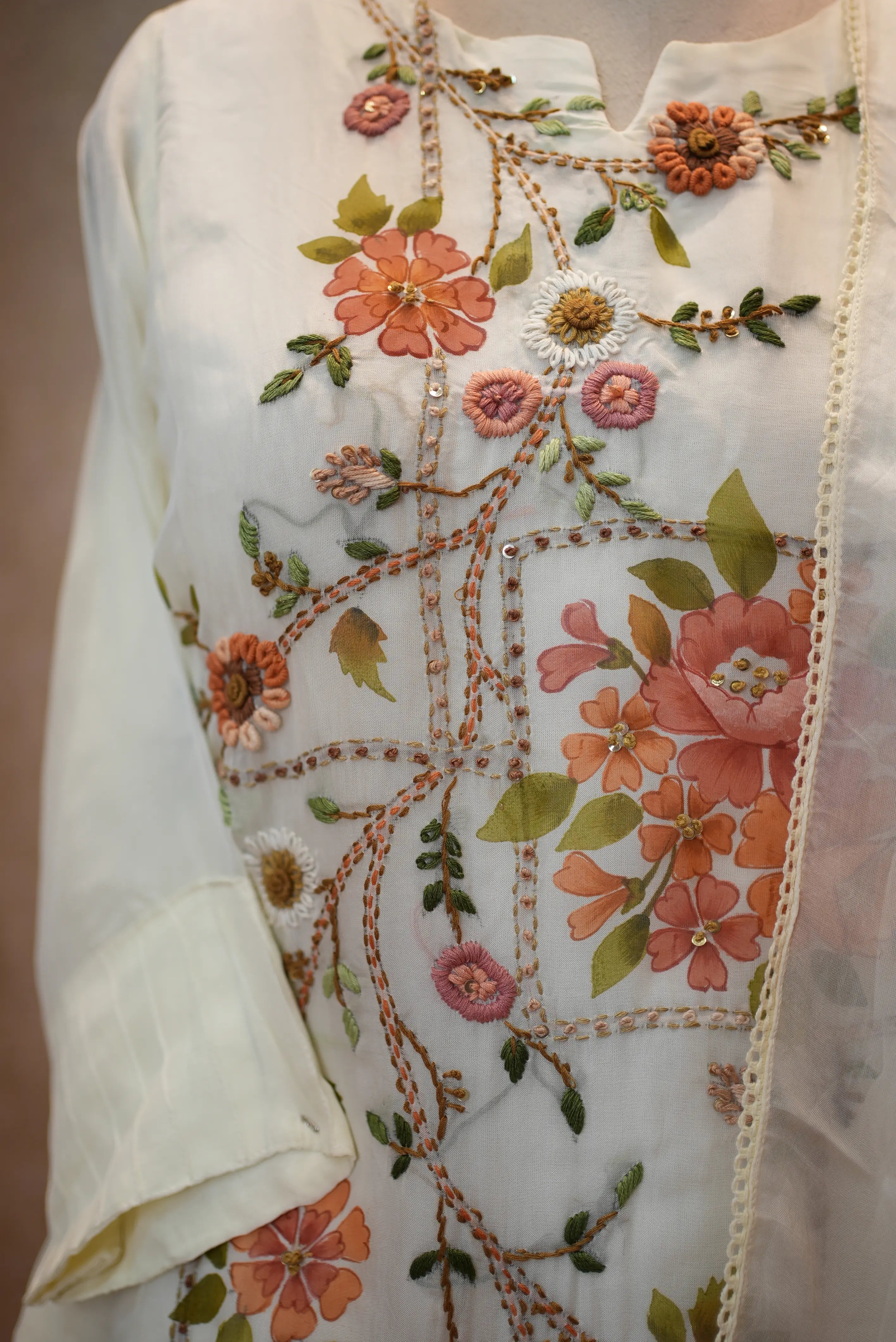 Elegant Ivory Floral Embroidered Suit with Sheer Dupatta