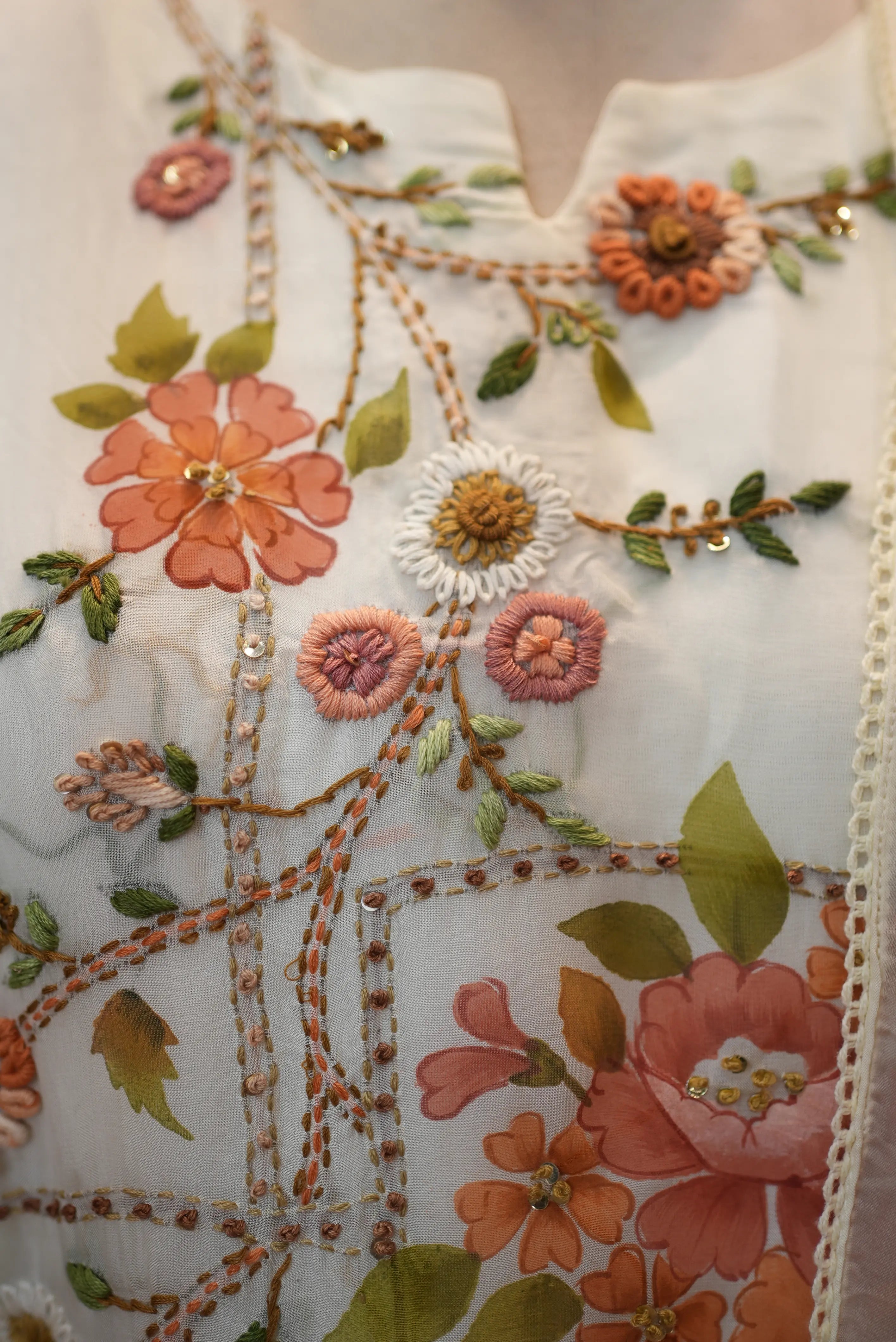 Elegant Ivory Floral Embroidered Suit with Sheer Dupatta