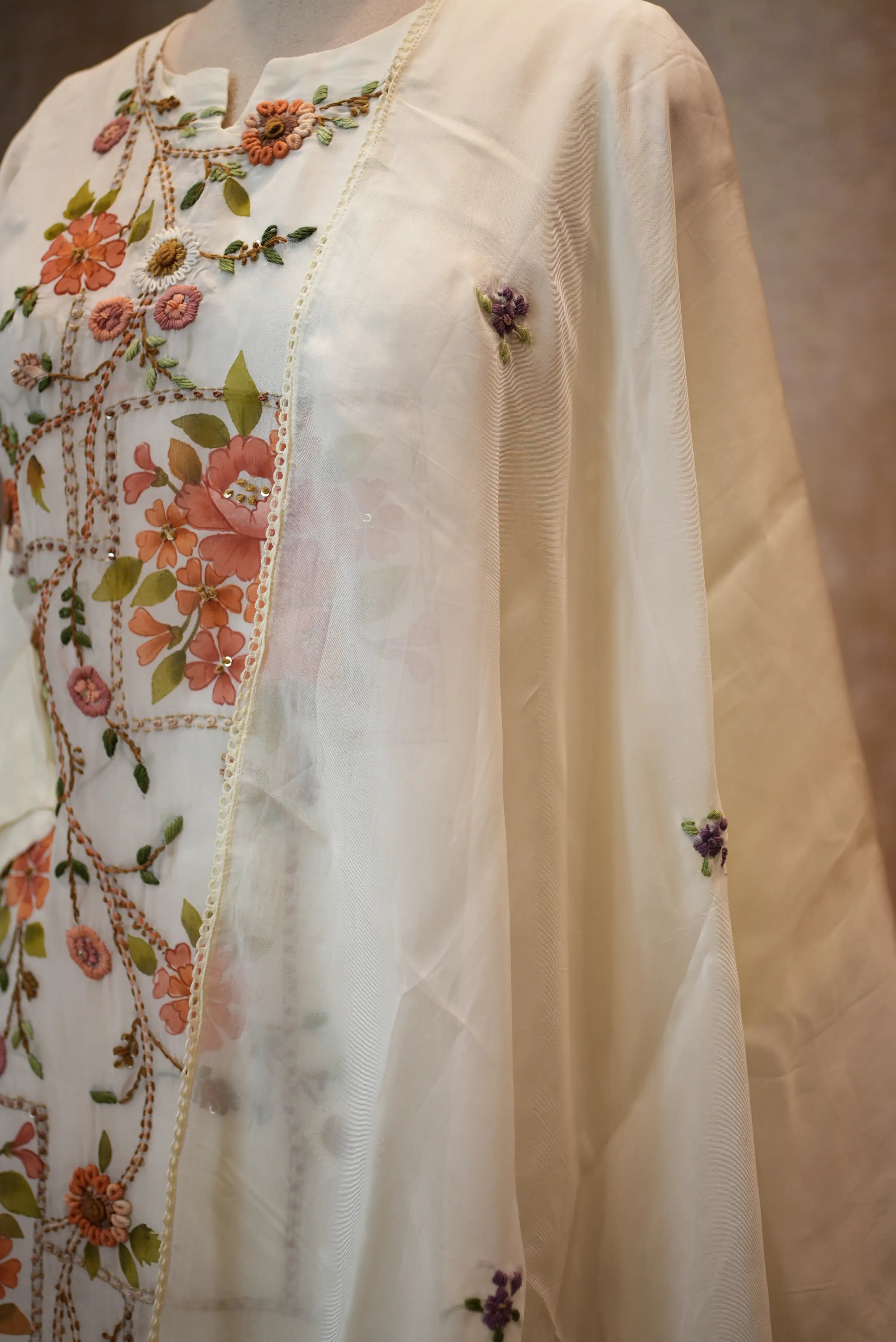 Elegant Ivory Floral Embroidered Suit with Sheer Dupatta