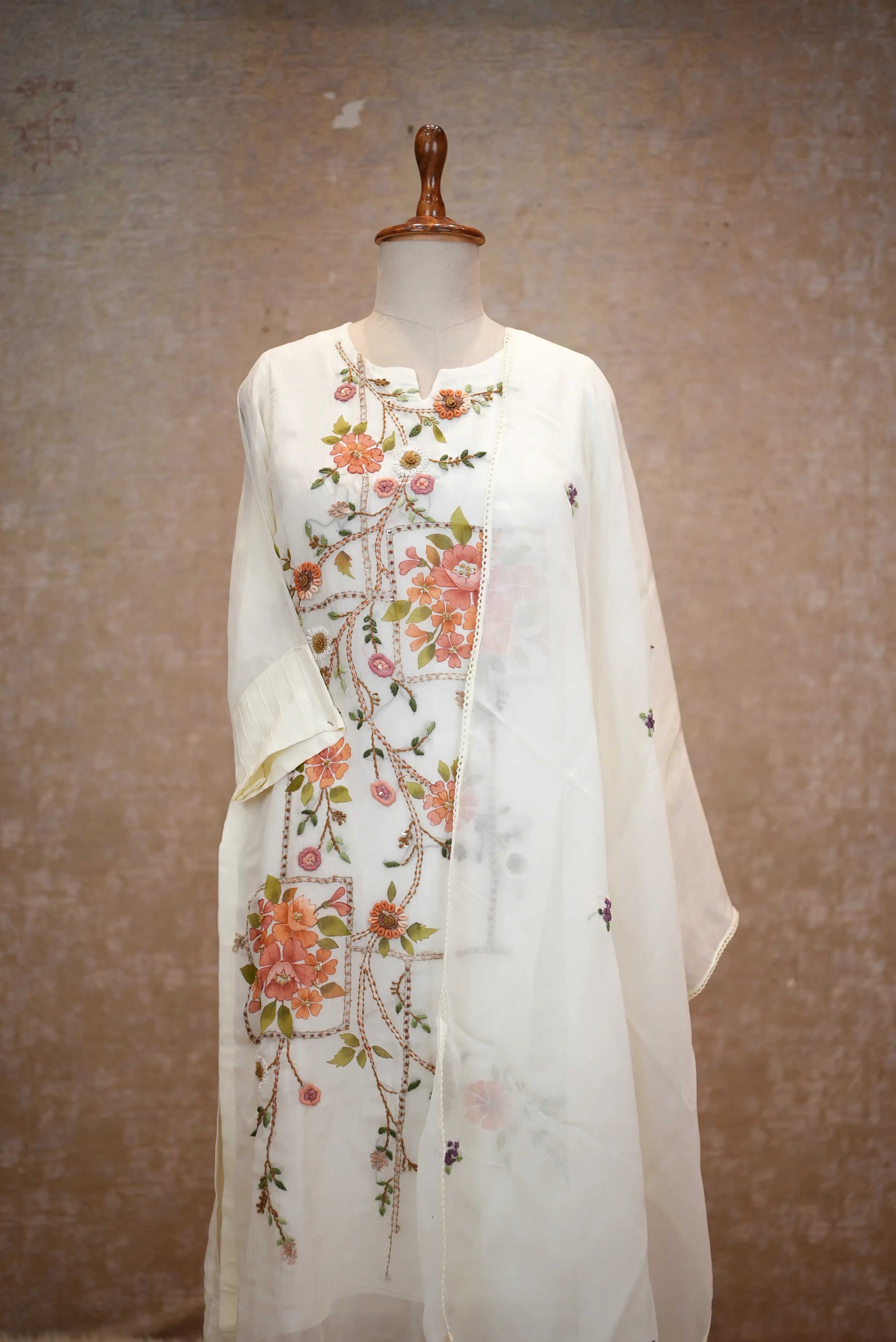 Elegant Ivory Floral Embroidered Suit with Sheer Dupatta