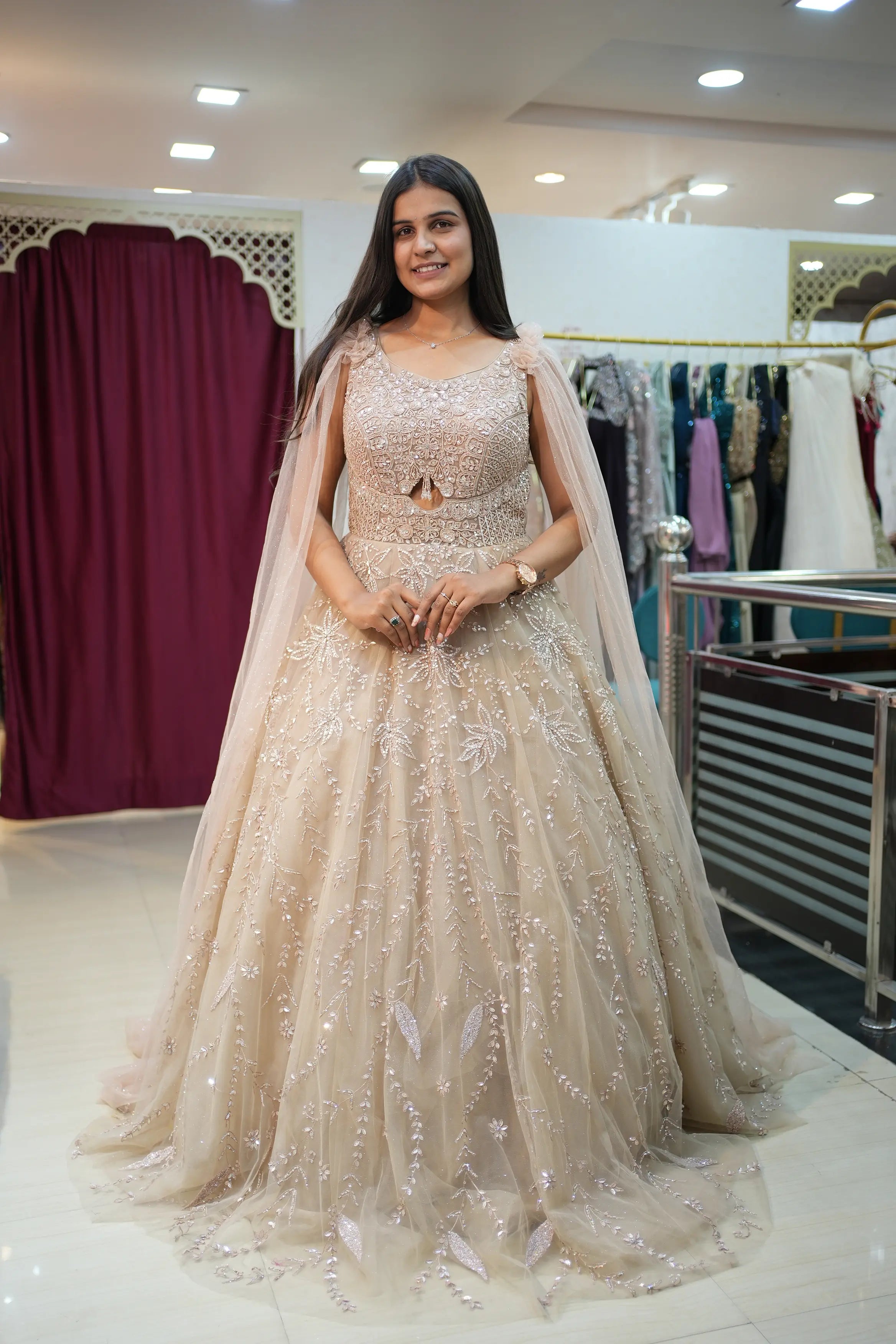 Luxury Champagne Beige Sequin Embroidered Designer Gown with Cape Sleeves