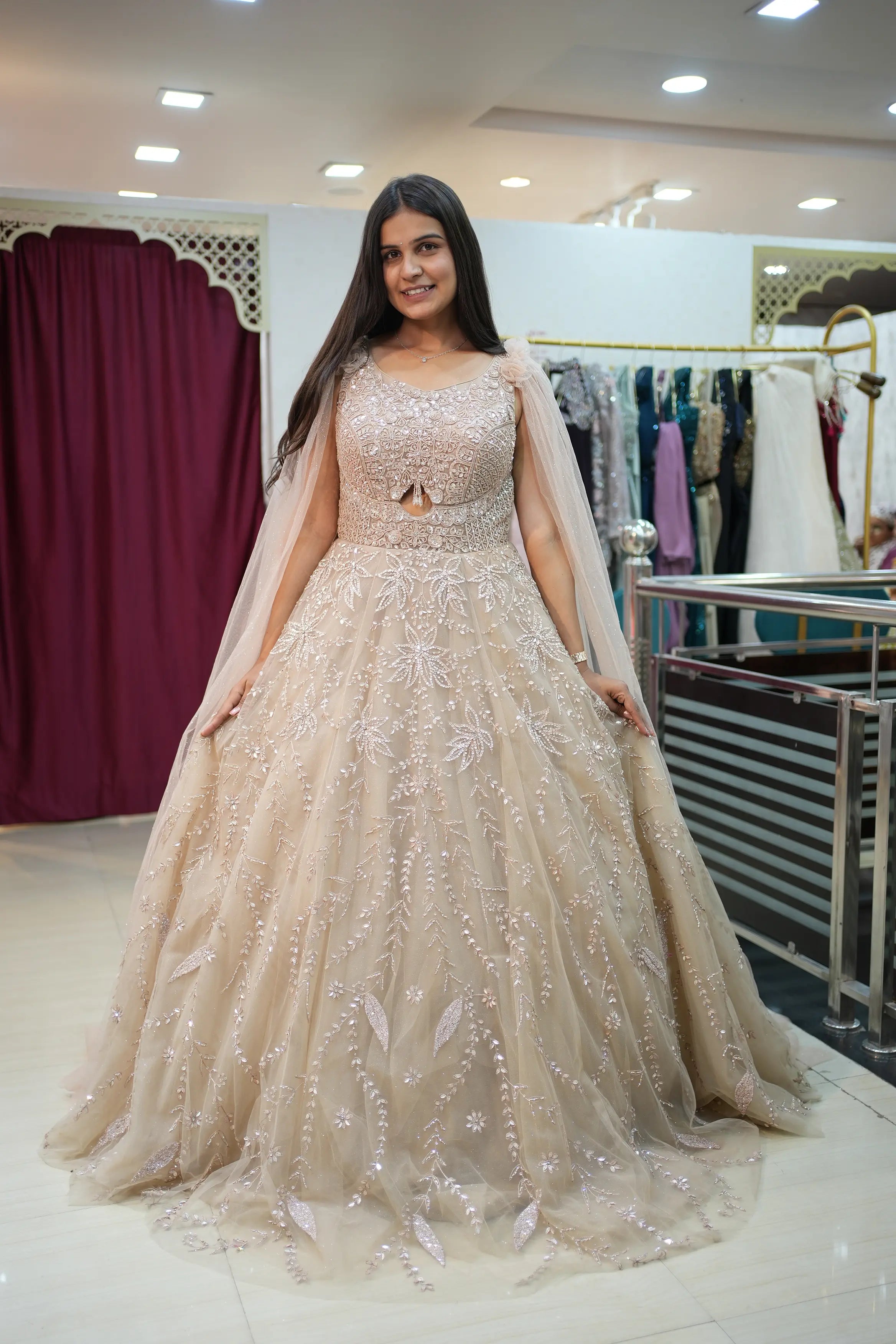 Luxury Champagne Beige Sequin Embroidered Designer Gown with Cape Sleeves