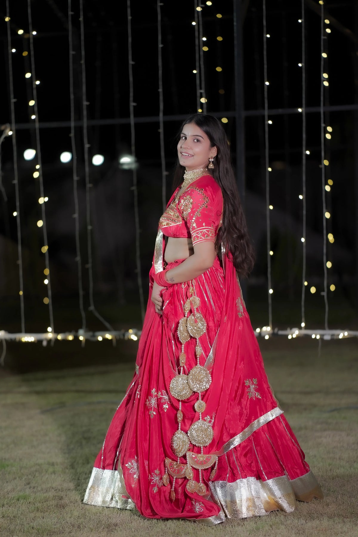Pure Crepe Red Lehenga Set with Heart Sequin Aangi Blouse & Ghungroo Dupatta