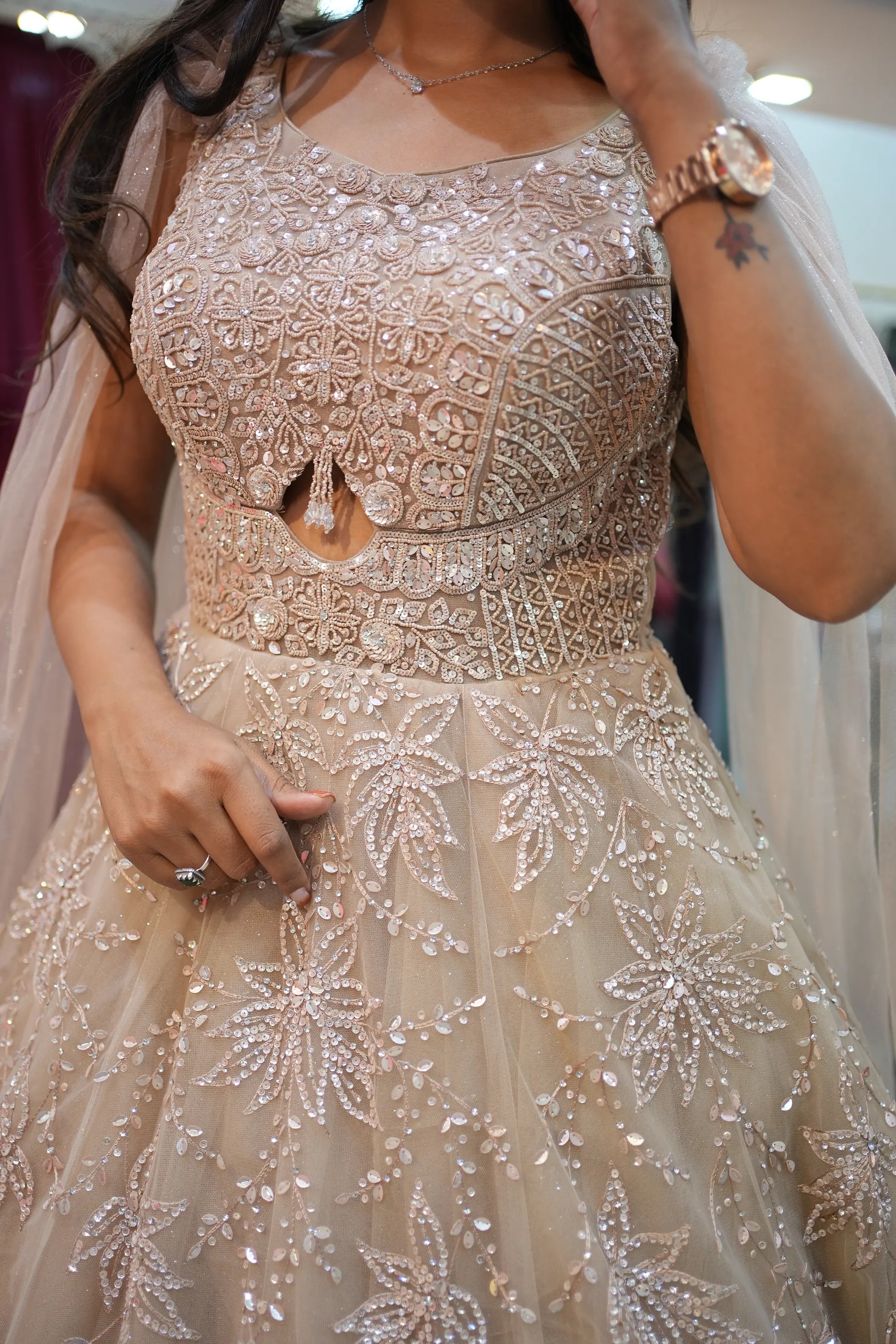 Luxury Champagne Beige Sequin Embroidered Designer Gown with Cape Sleeves