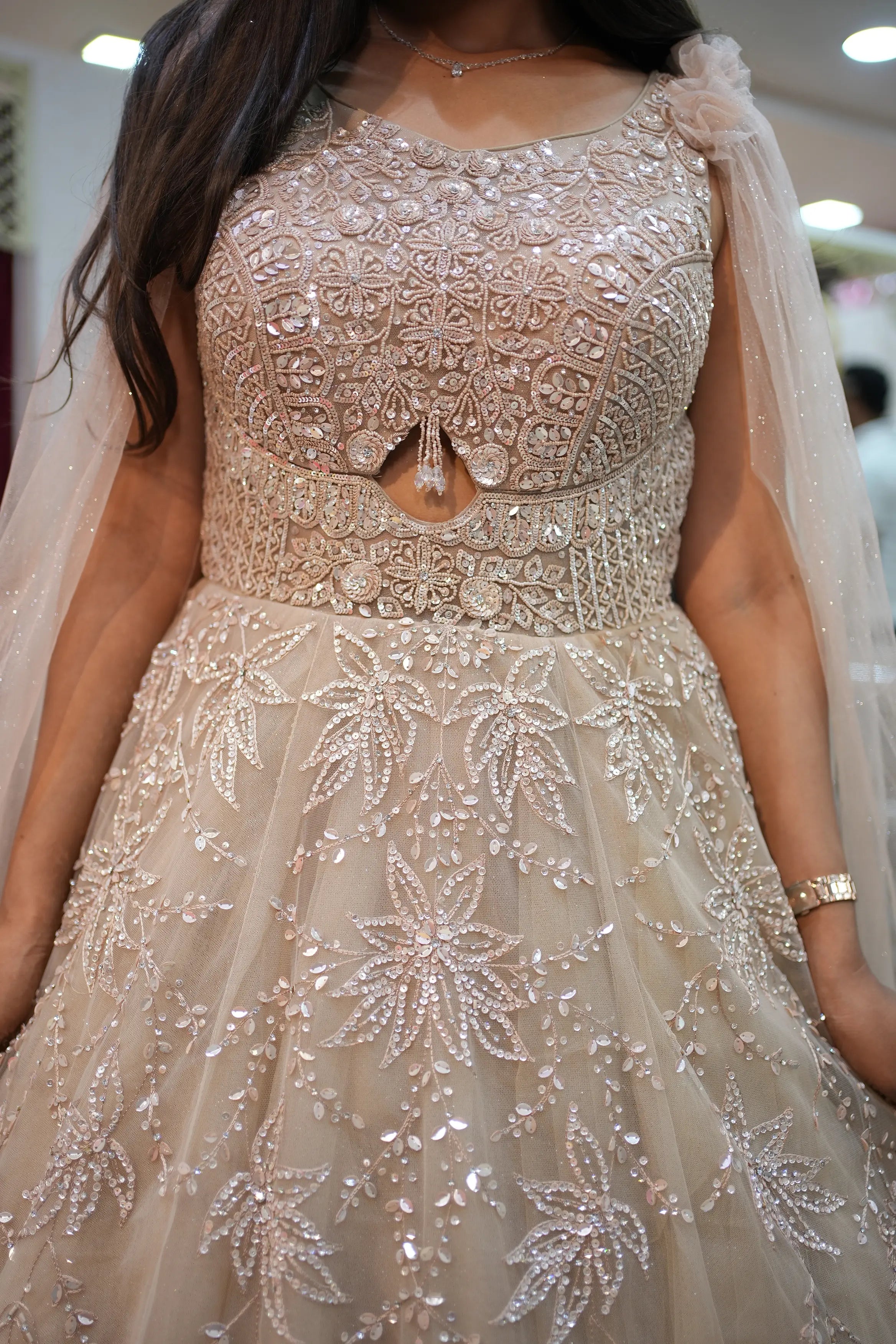 Luxury Champagne Beige Sequin Embroidered Designer Gown with Cape Sleeves