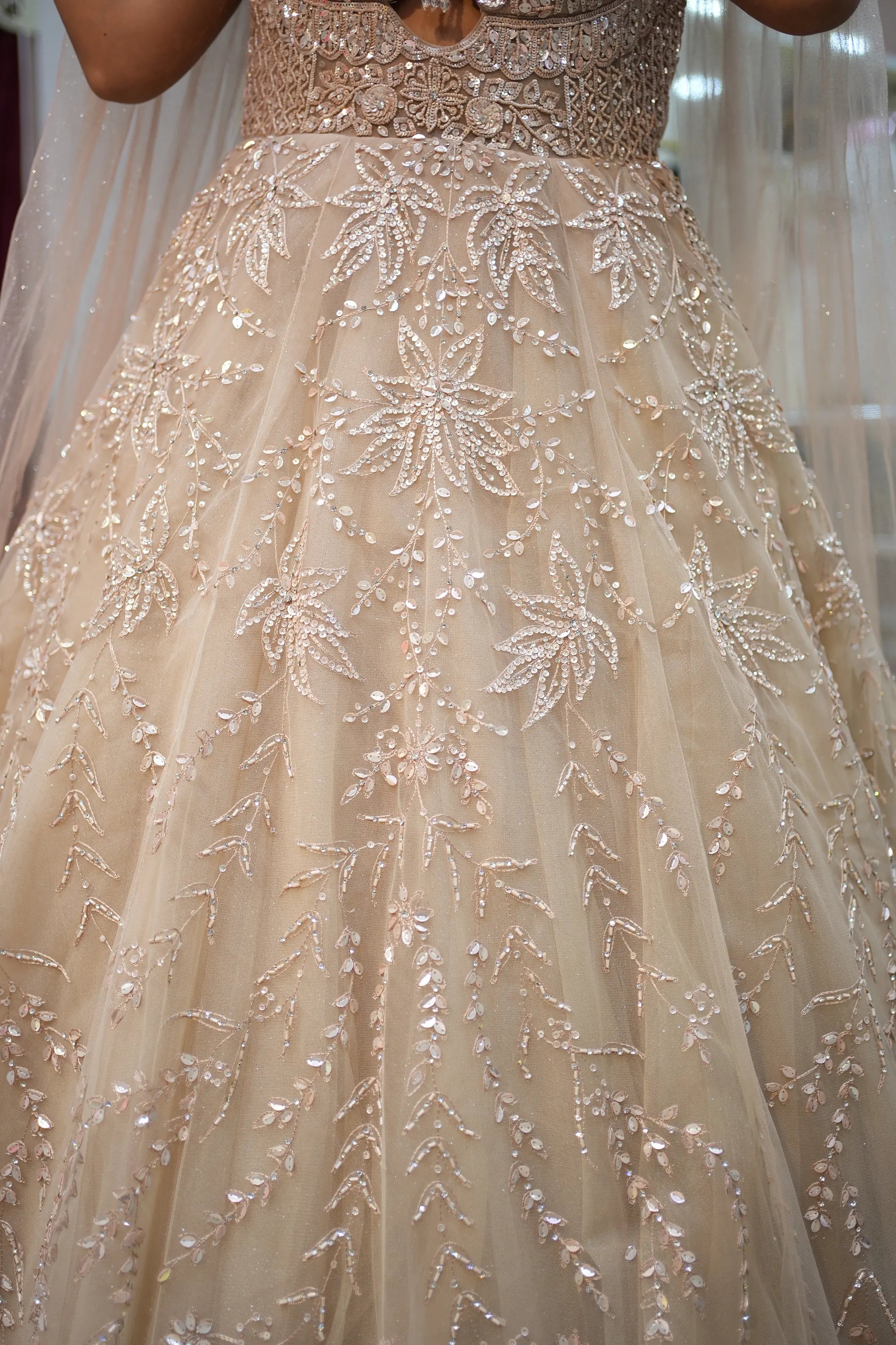 Luxury Champagne Beige Sequin Embroidered Designer Gown with Cape Sleeves