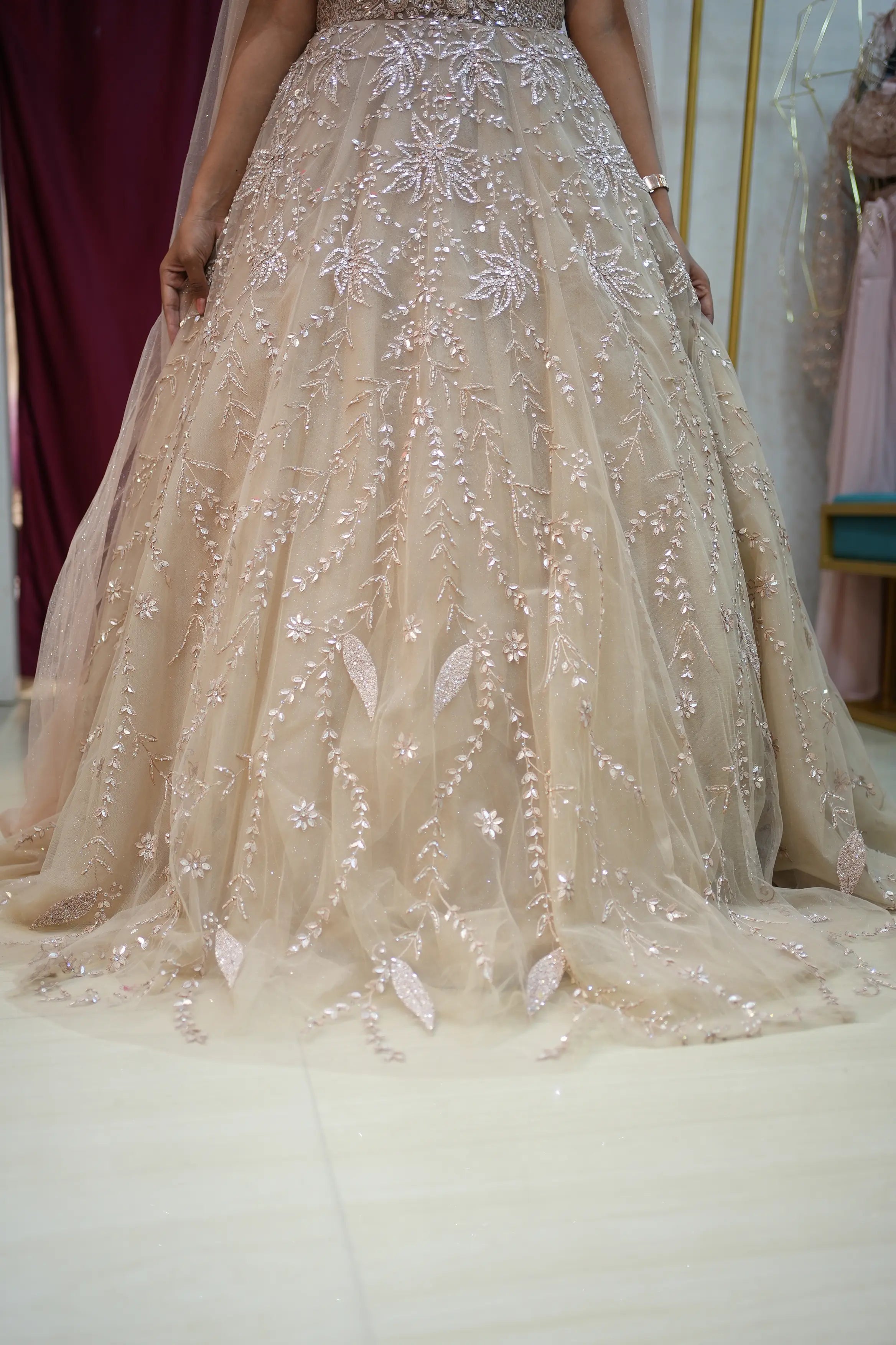 Luxury Champagne Beige Sequin Embroidered Designer Gown with Cape Sleeves