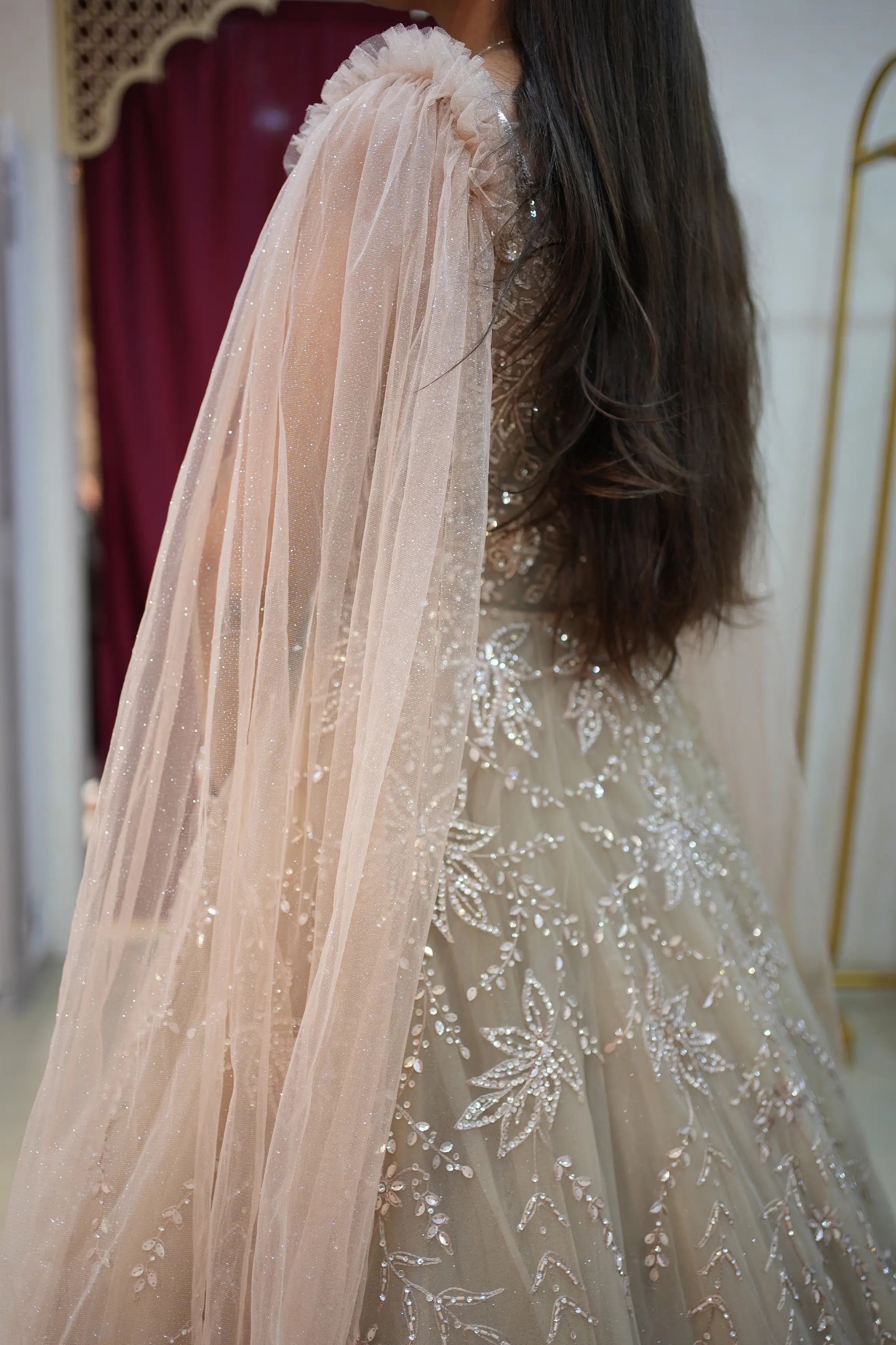 Luxury Champagne Beige Sequin Embroidered Designer Gown with Cape Sleeves