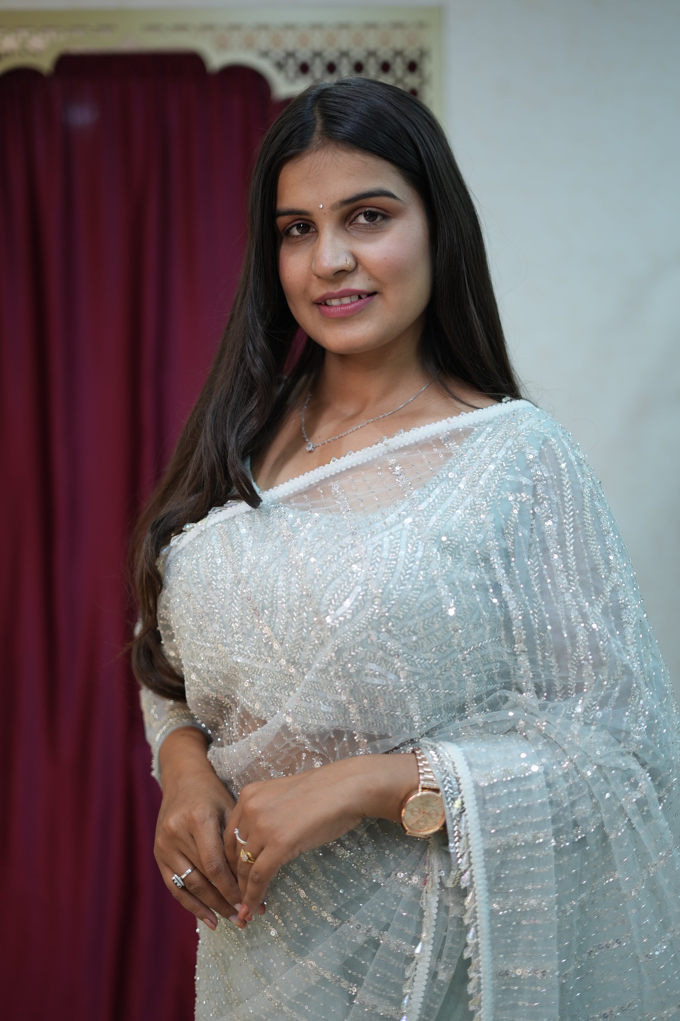 Elegant Ice Blue Sequin Net Saree with Designer Blouse