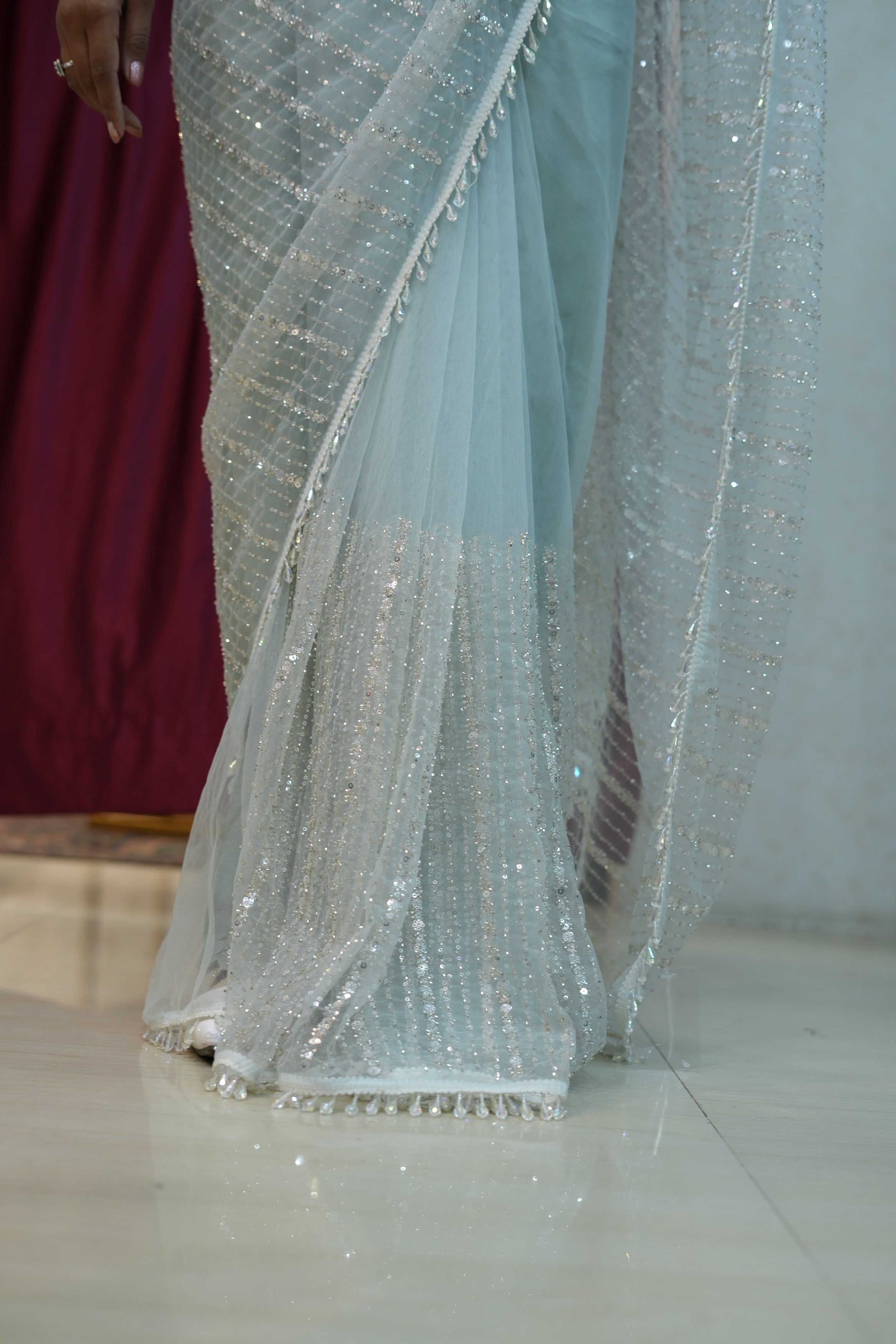 Elegant Ice Blue Sequin Net Saree with Designer Blouse