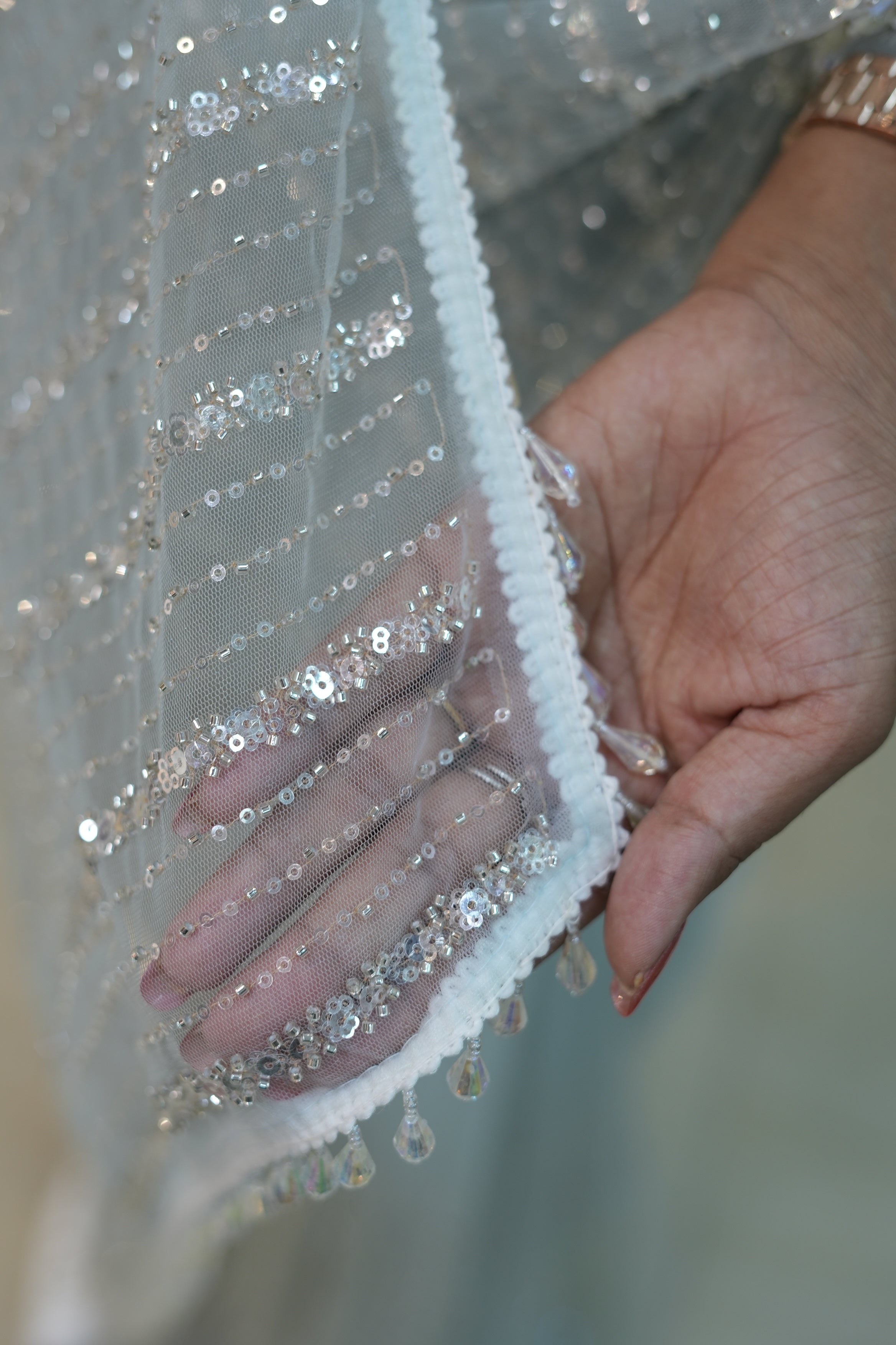 Elegant Ice Blue Sequin Net Saree with Designer Blouse