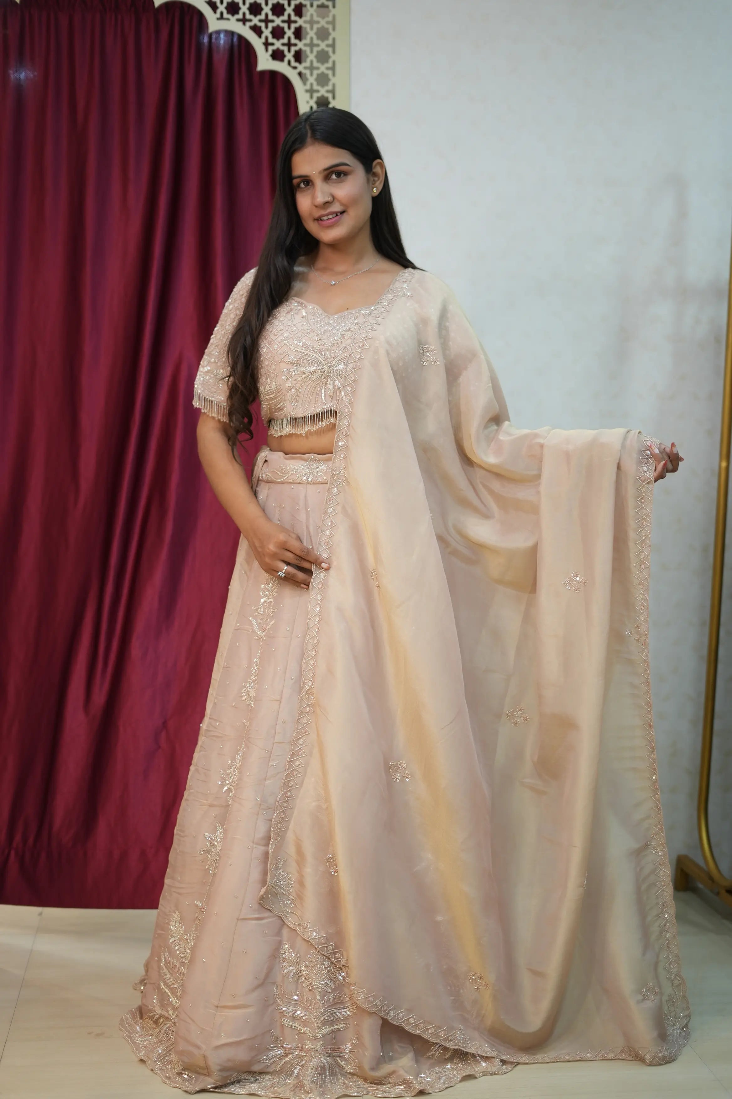 Blush Pink Hand-Embroidered Lehenga Set with Statement Cape Dupatta