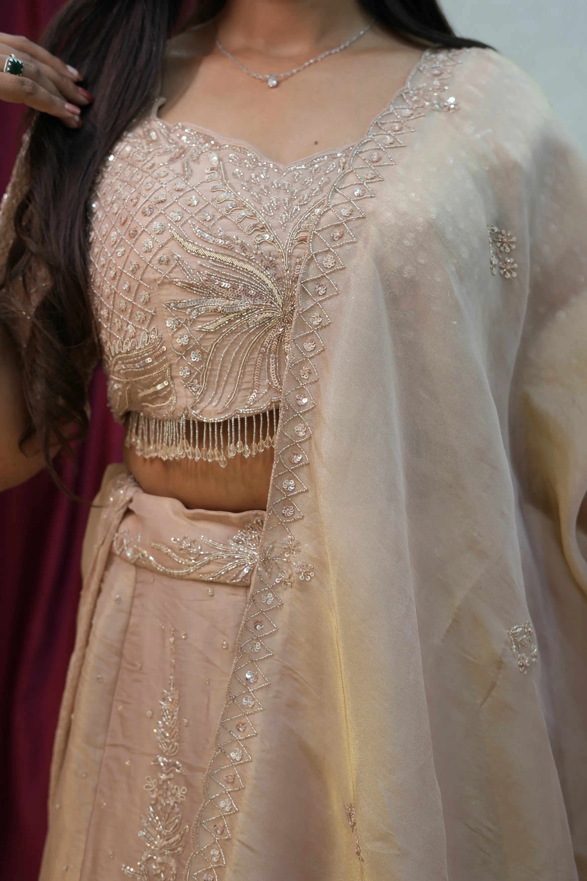 Blush Pink Hand-Embroidered Lehenga Set with Statement Cape Dupatta