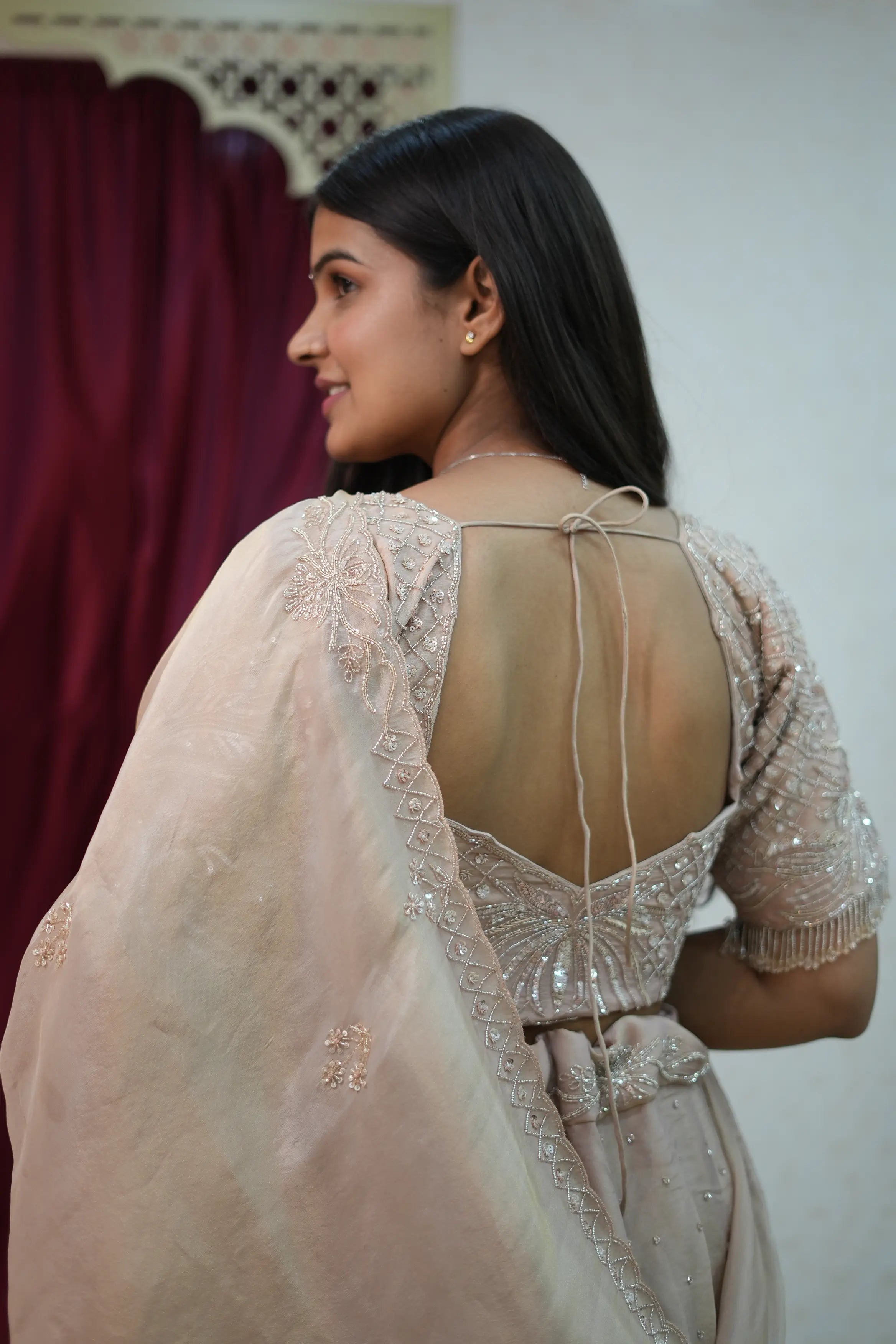 Blush Pink Hand-Embroidered Lehenga Set with Statement Cape Dupatta