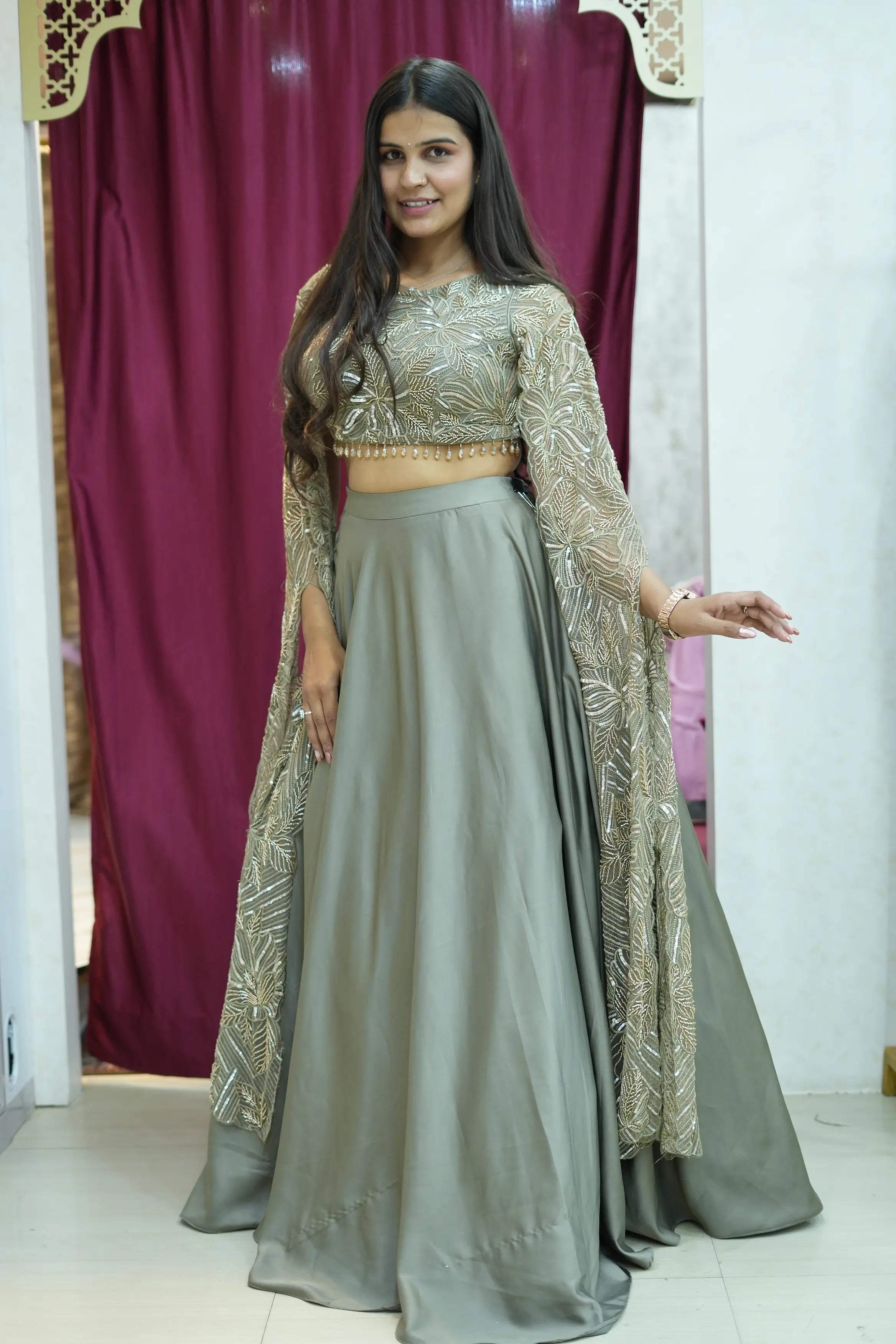 Sage Green Embroidered Cape Style Lehenga Set with Handwork Blouse