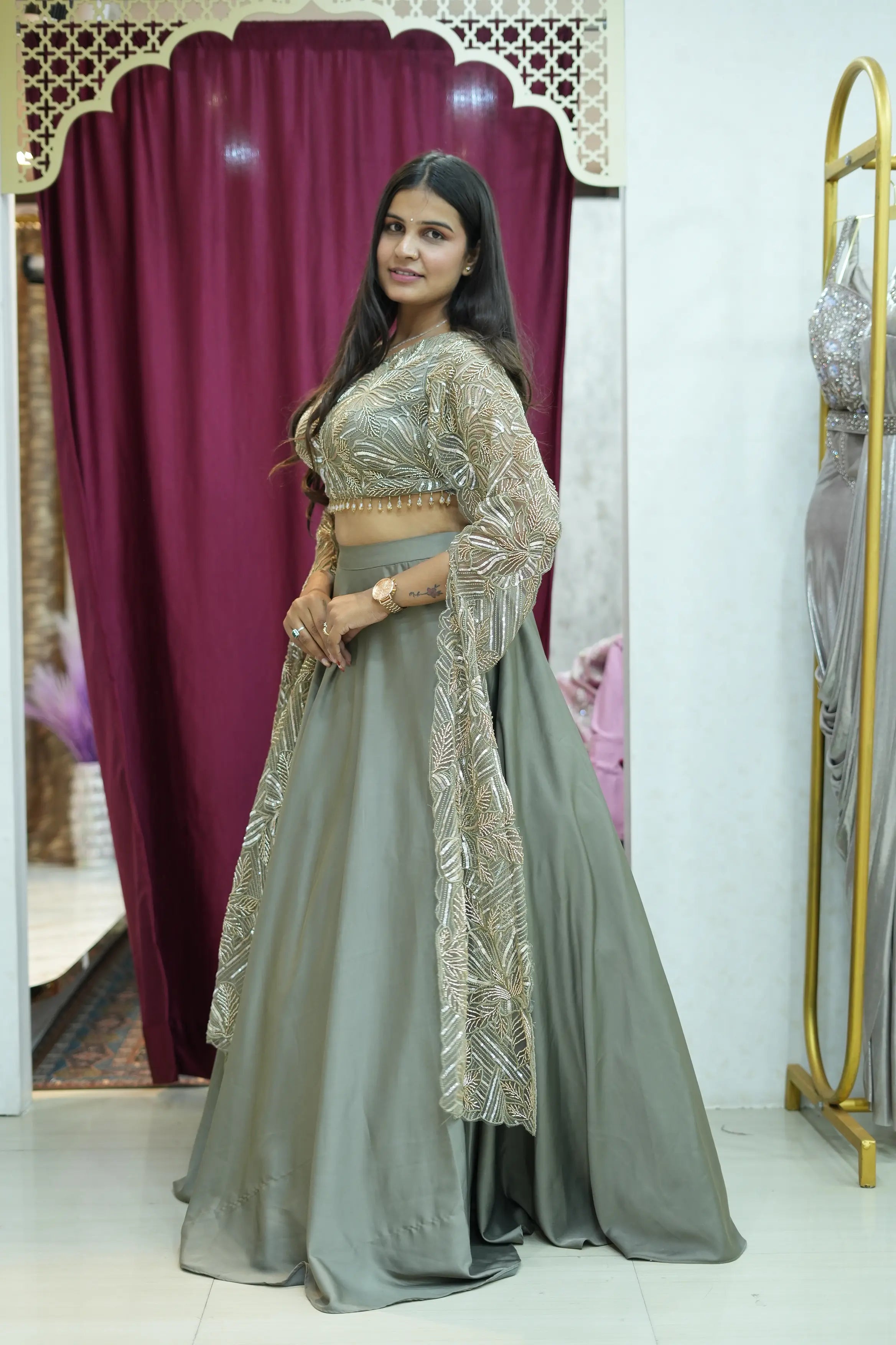 Sage Green Embroidered Cape Style Lehenga Set with Handwork Blouse