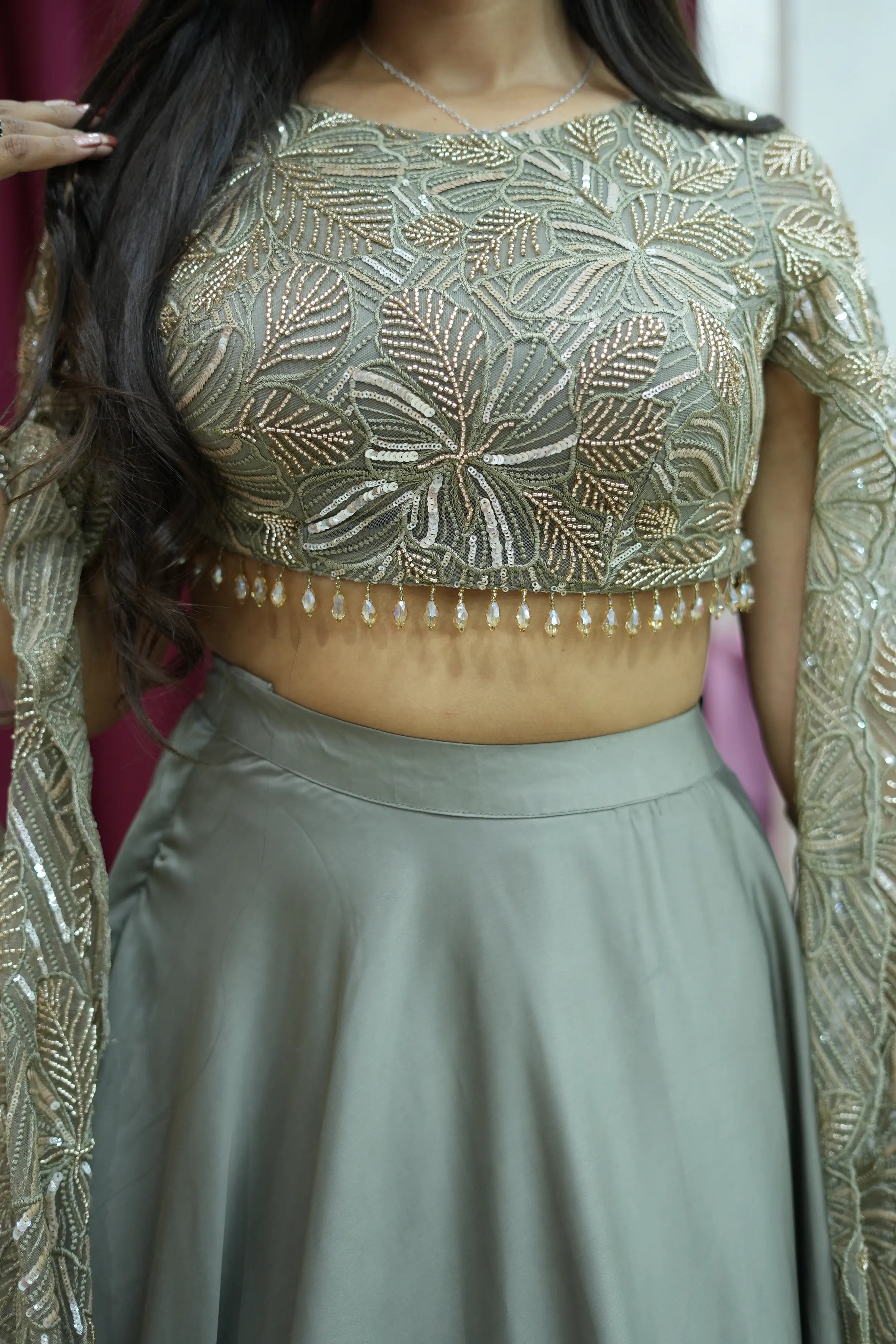 Sage Green Embroidered Cape Style Lehenga Set with Handwork Blouse