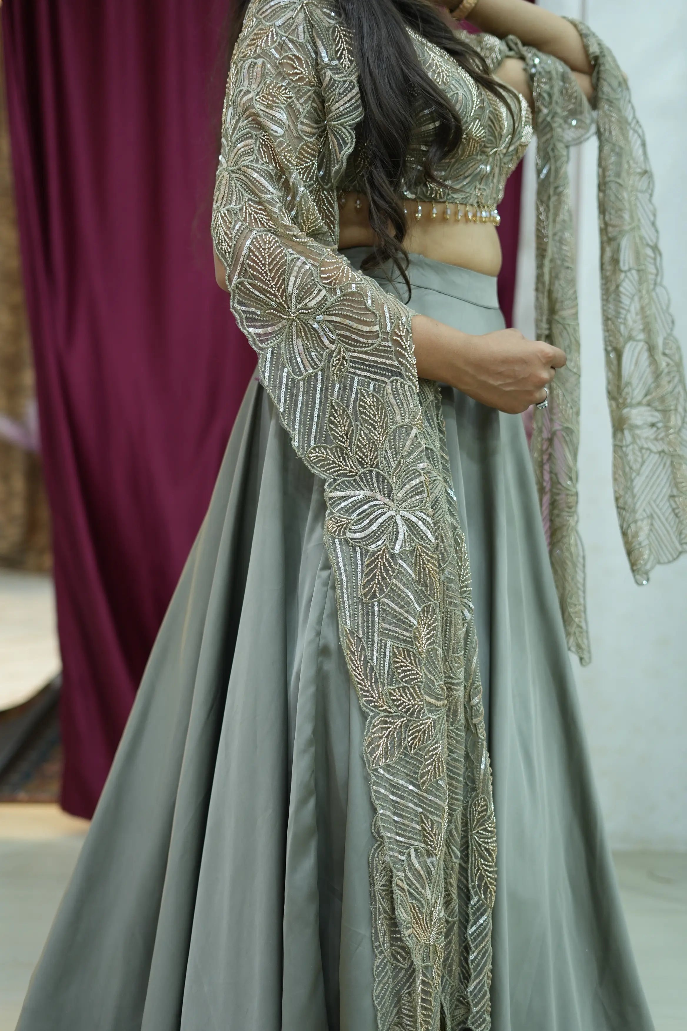 Sage Green Embroidered Cape Style Lehenga Set with Handwork Blouse