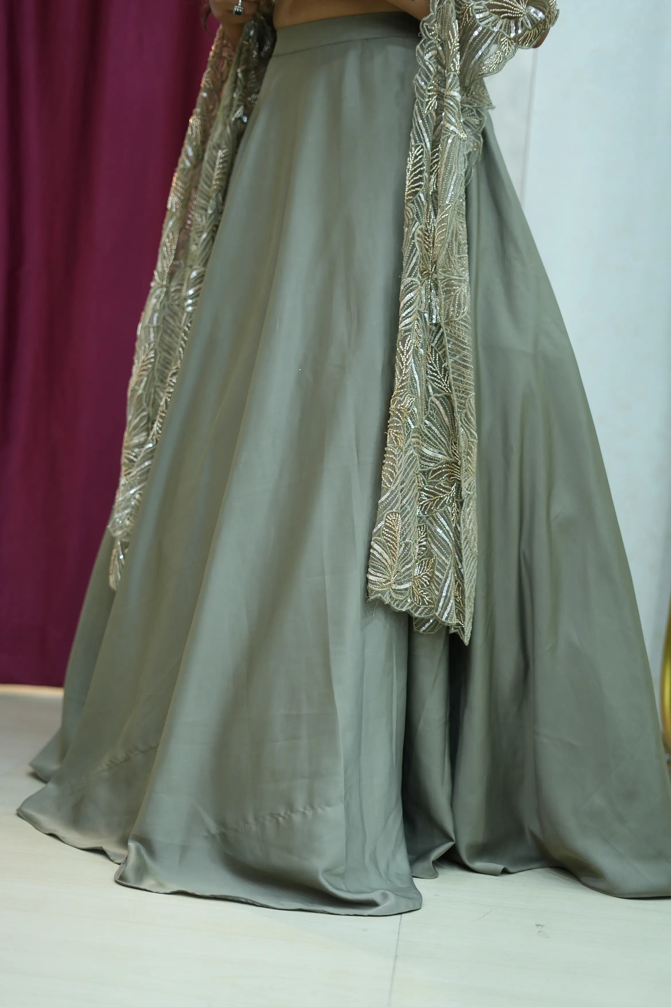 Sage Green Embroidered Cape Style Lehenga Set with Handwork Blouse