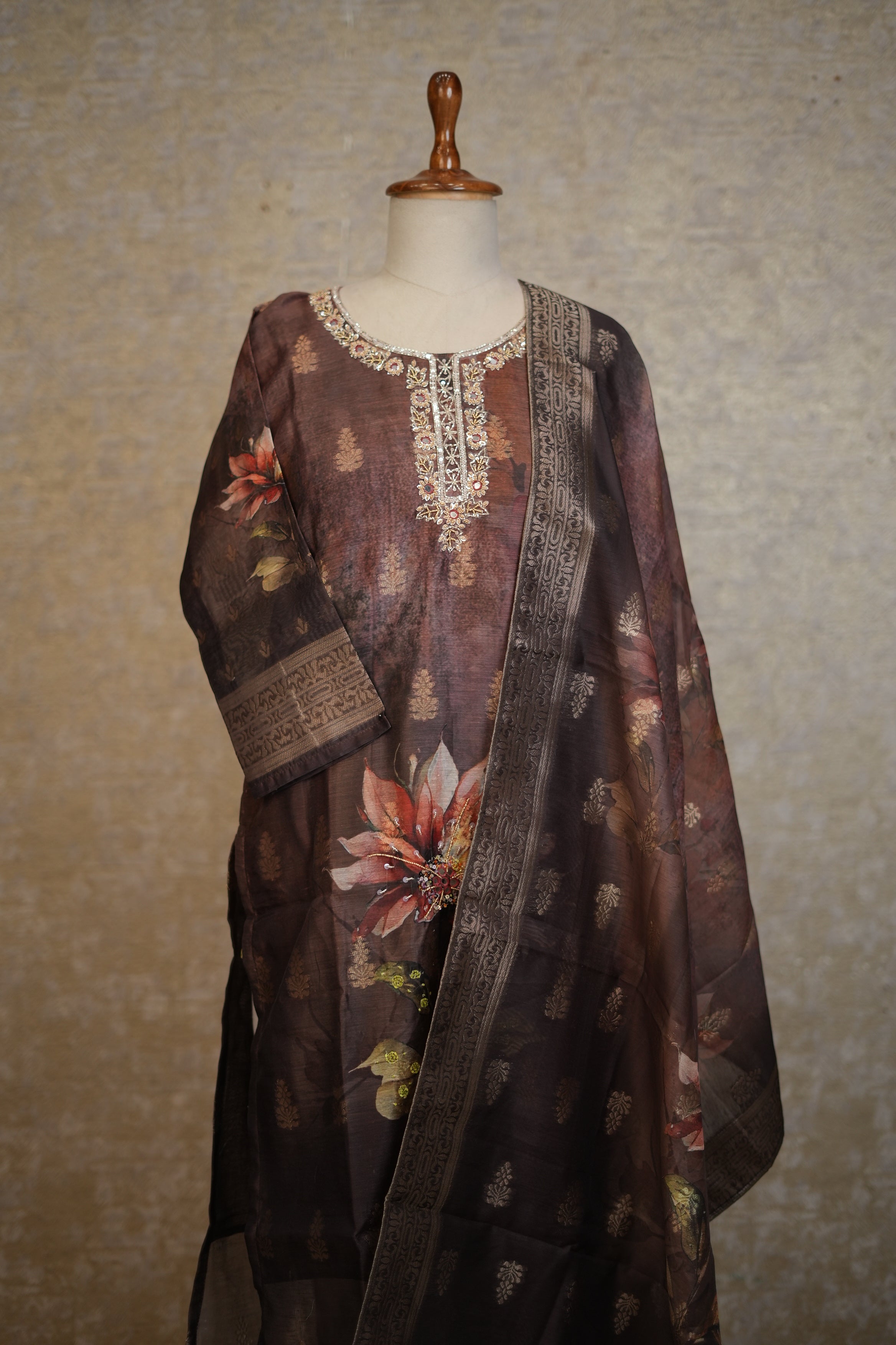 Elegant Brown Floral Printed Suit Set with Embroidered Neckline & Dupatta