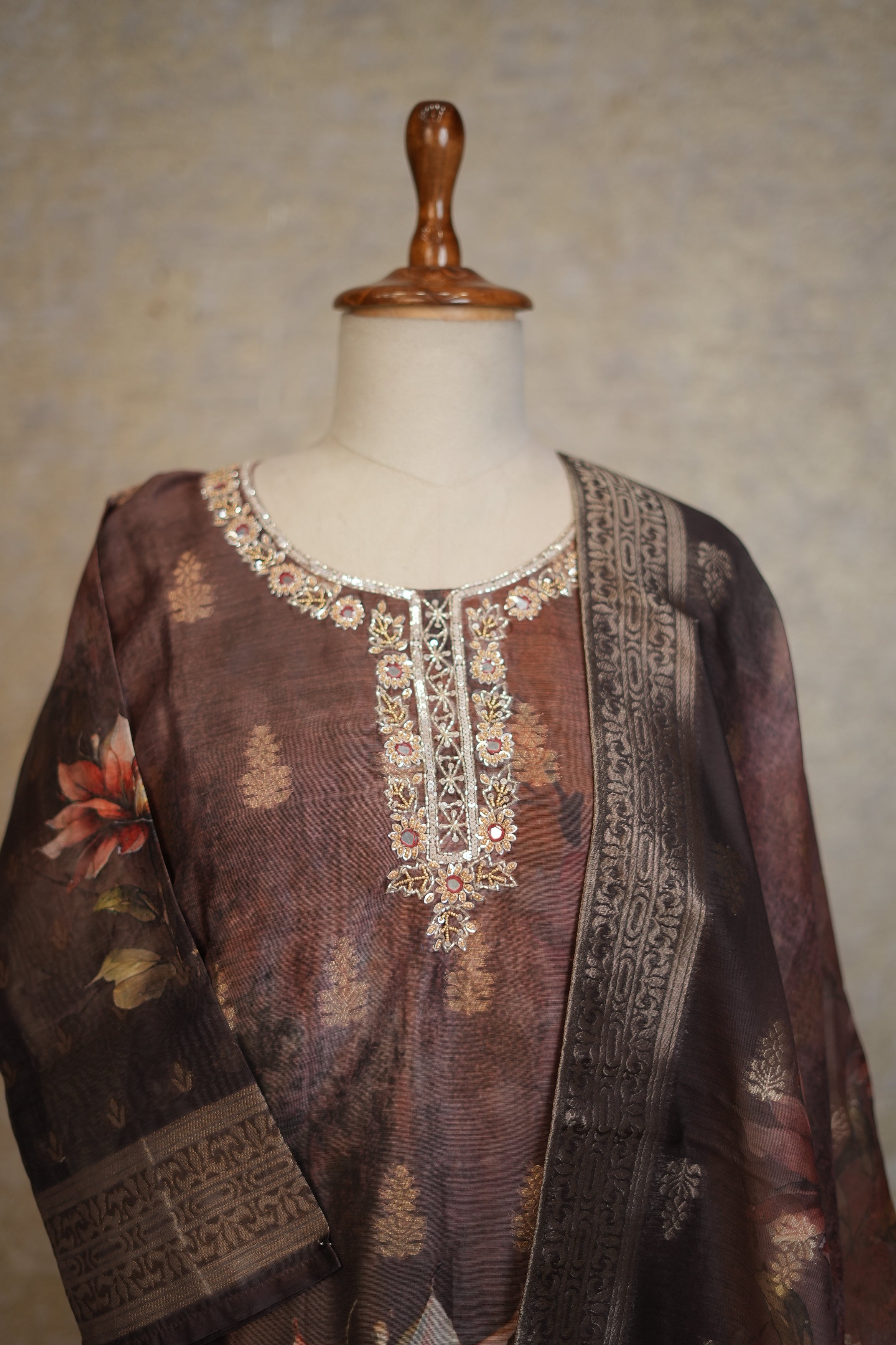 Elegant Brown Floral Printed Suit Set with Embroidered Neckline & Dupatta