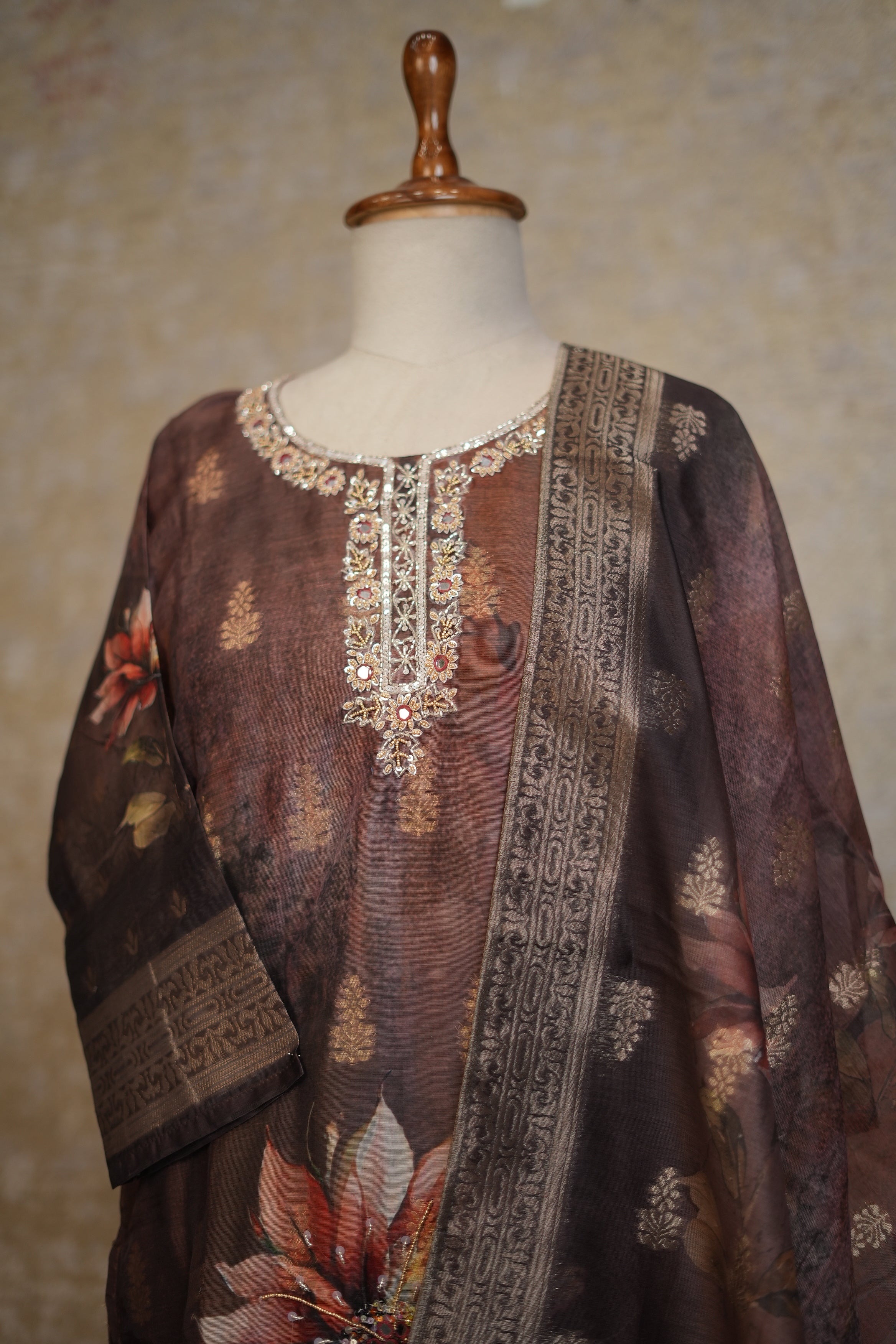 Elegant Brown Floral Printed Suit Set with Embroidered Neckline & Dupatta