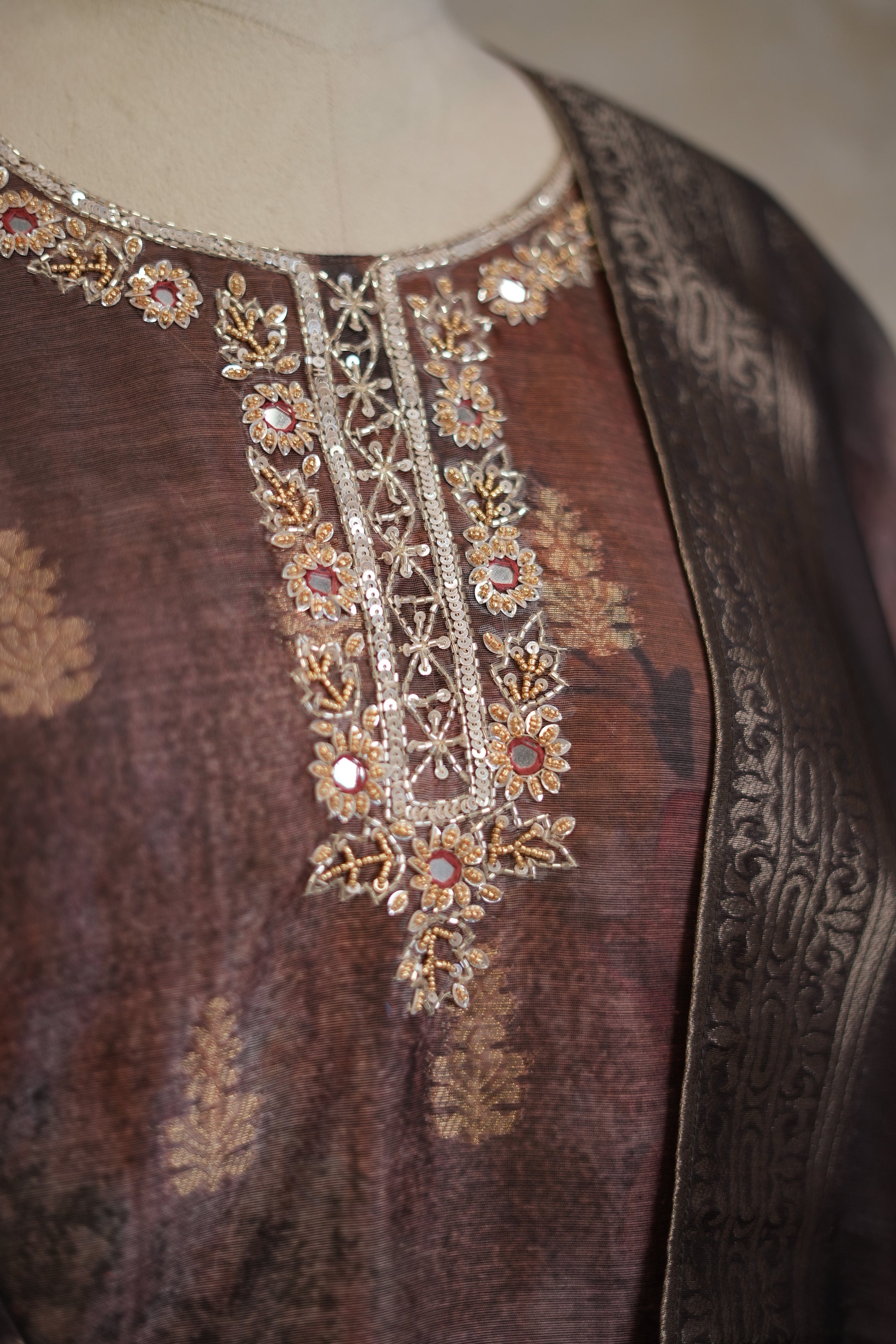 Elegant Brown Floral Printed Suit Set with Embroidered Neckline & Dupatta