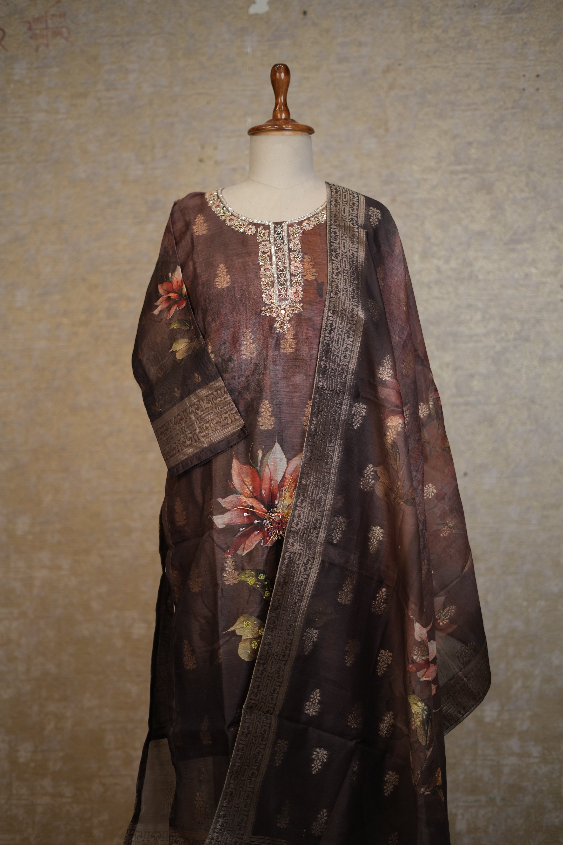 Elegant Brown Floral Printed Suit Set with Embroidered Neckline & Dupatta