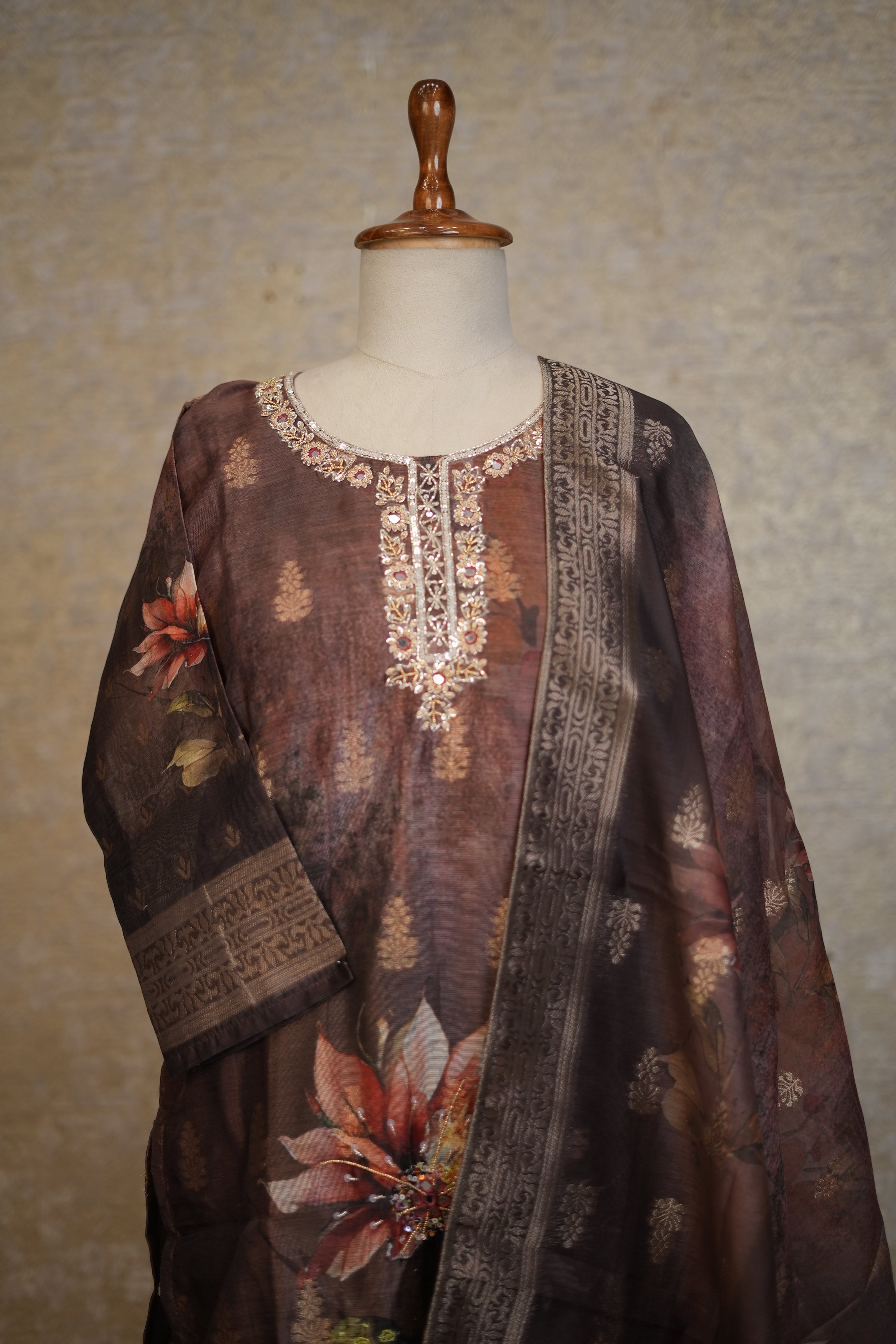 Elegant Brown Floral Printed Suit Set with Embroidered Neckline & Dupatta