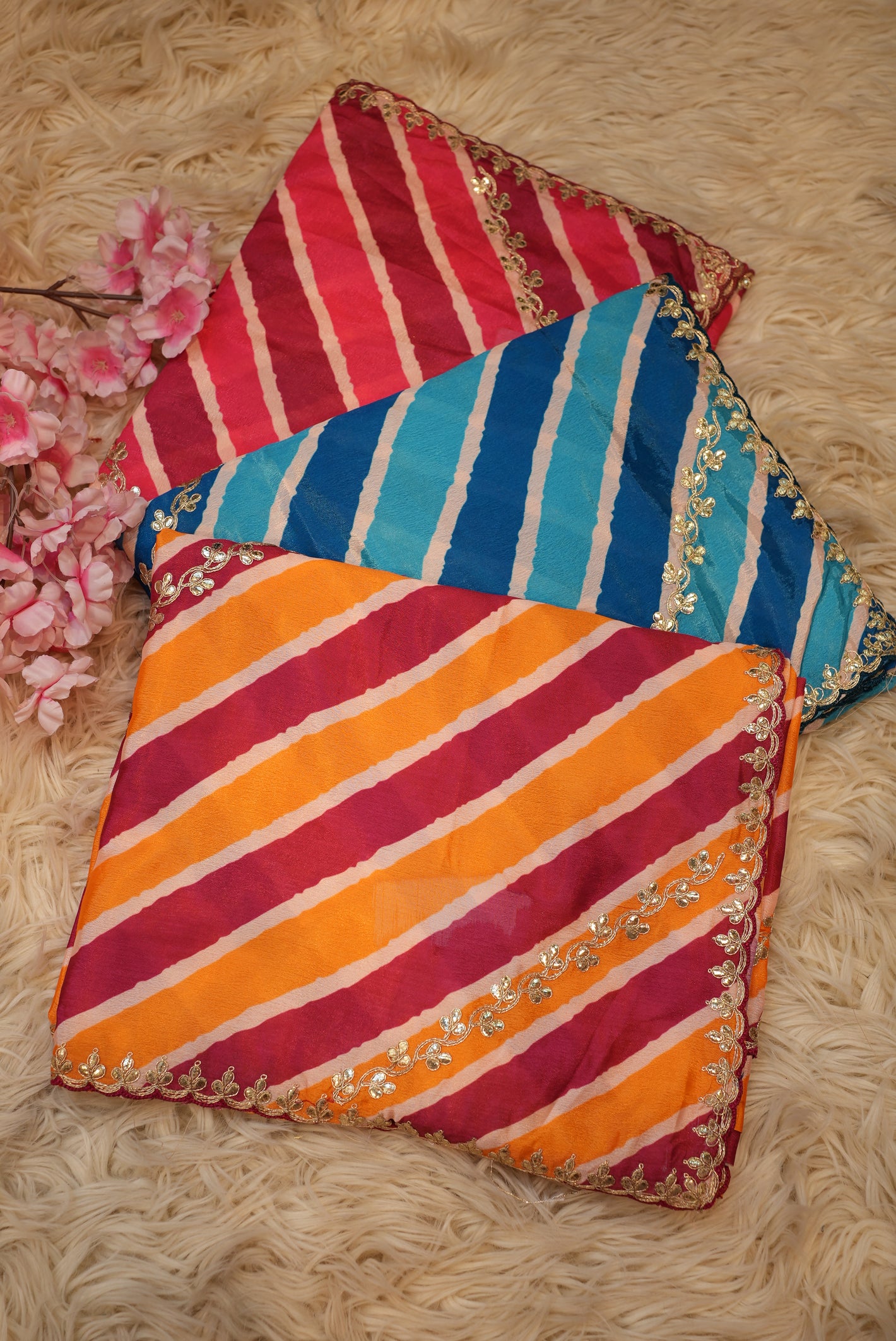 LEHRIYA SAREE WITH GOTAPATTI PITAN WORK ON CHINON FABRIC   ##SR0205