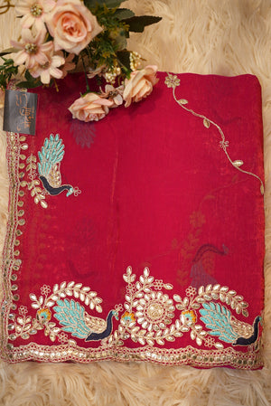 PARTY WEAR PEACOCK DESIGN PITTAN WORK SAREE WITH BLOUSE (APROX 6.15-6.30) ##SR0206